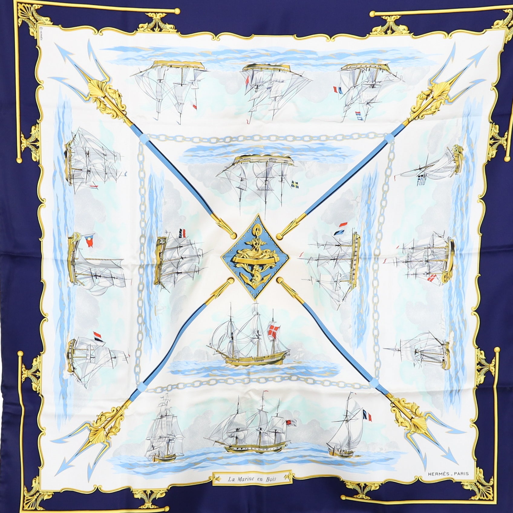 Brand New Boxed Hermès La Marine en Bois Boxed Silk Scarf