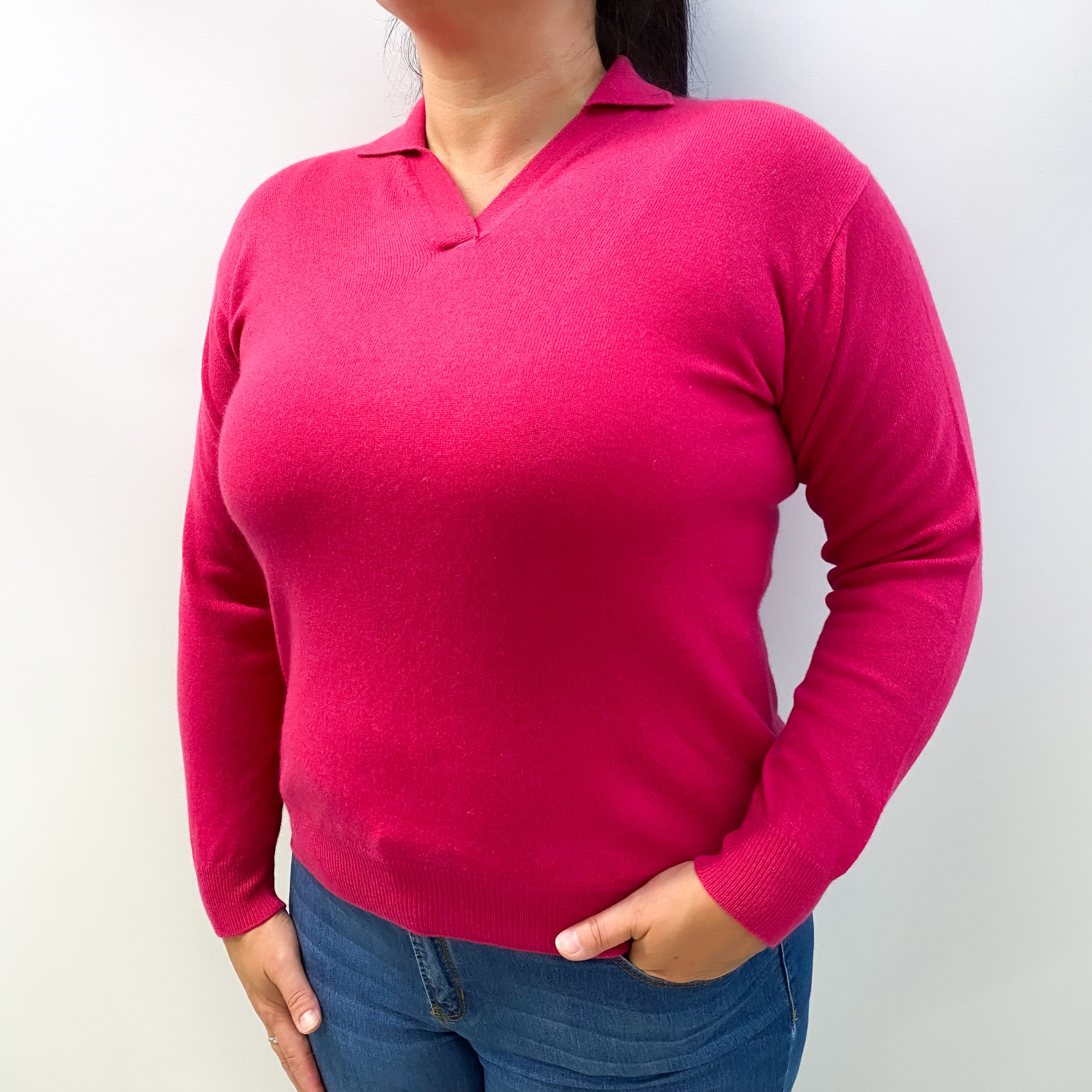 Hot Pink Cashmere Collared V Neck Jumper Large