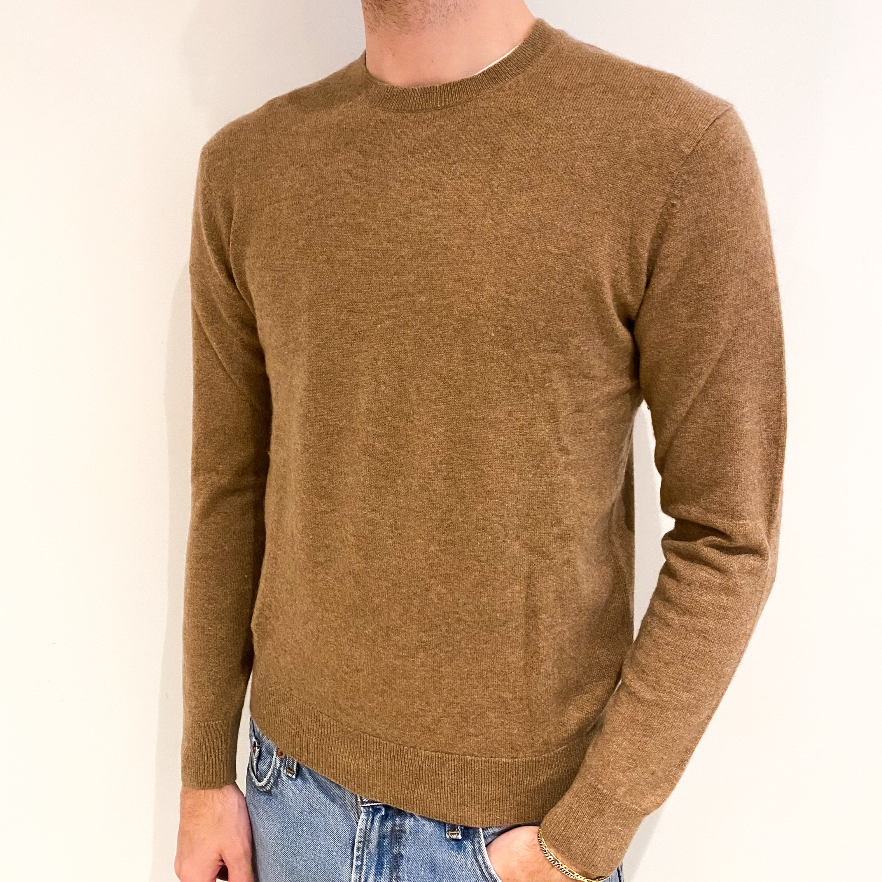 Men's Butterscotch Brown Cashmere Crew Neck Jumper Medium