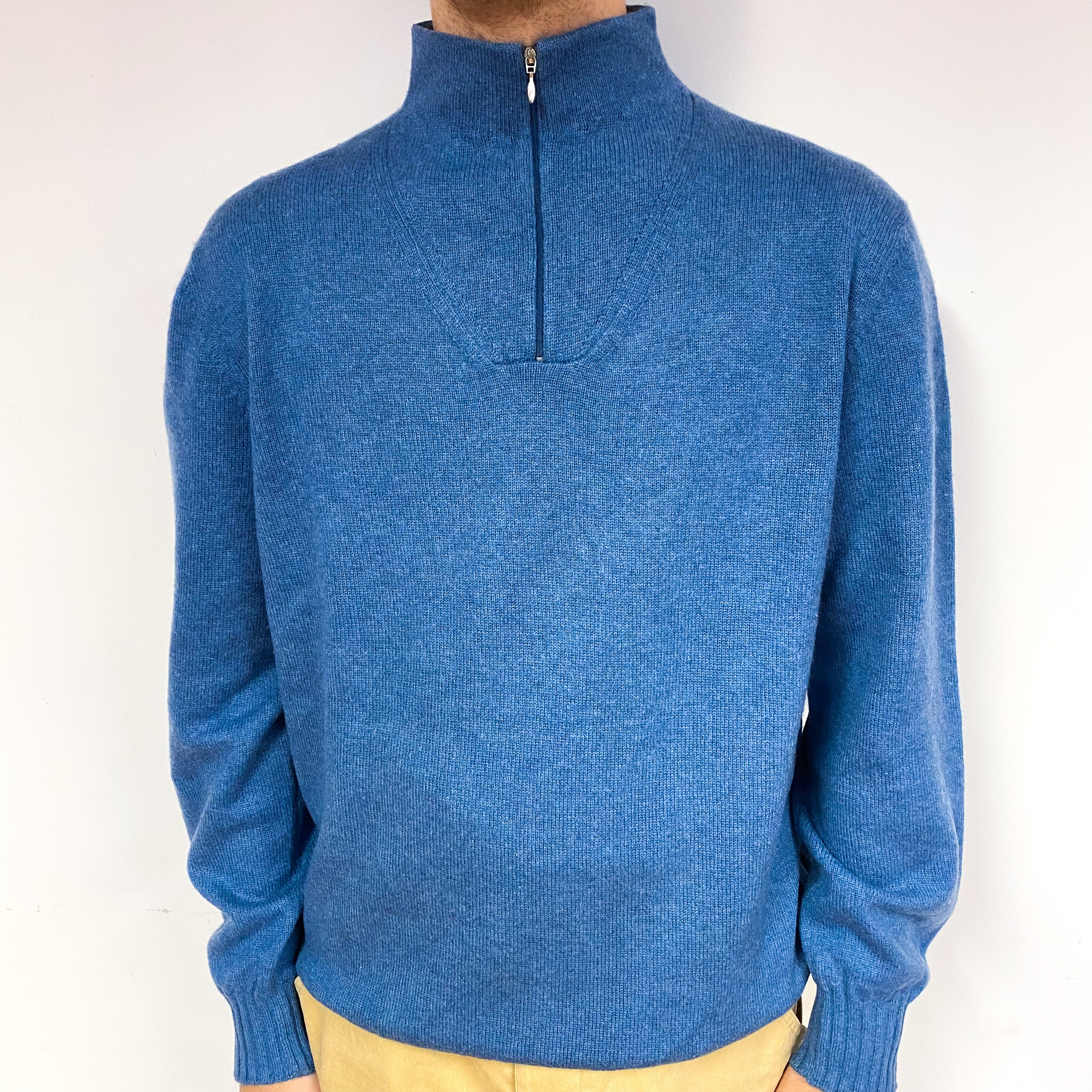 Men's Denim Blue Cashmere Quarter Zip Jumper Large