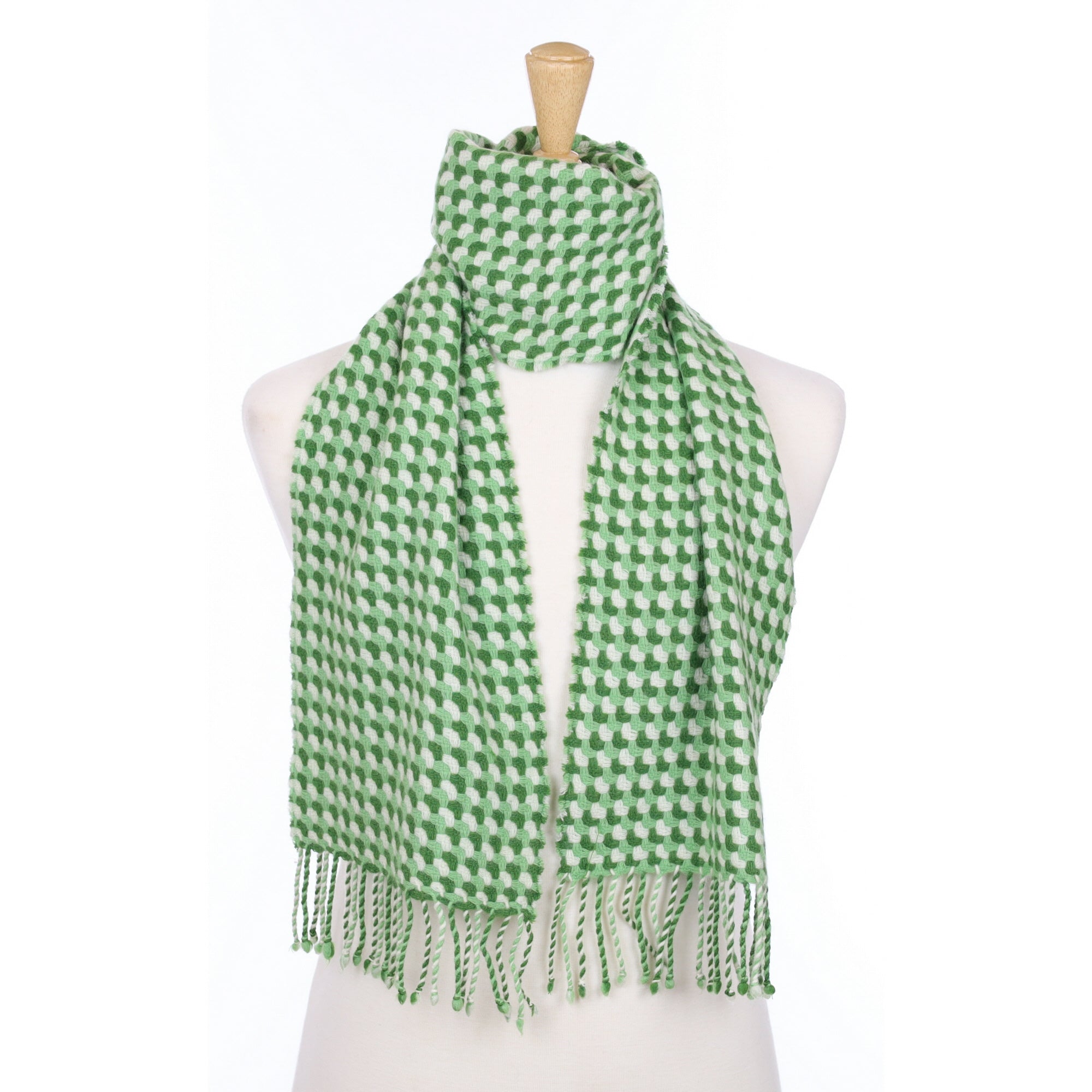 Pear and Fern Green Textured Knit Cashmere Fringed Scarf