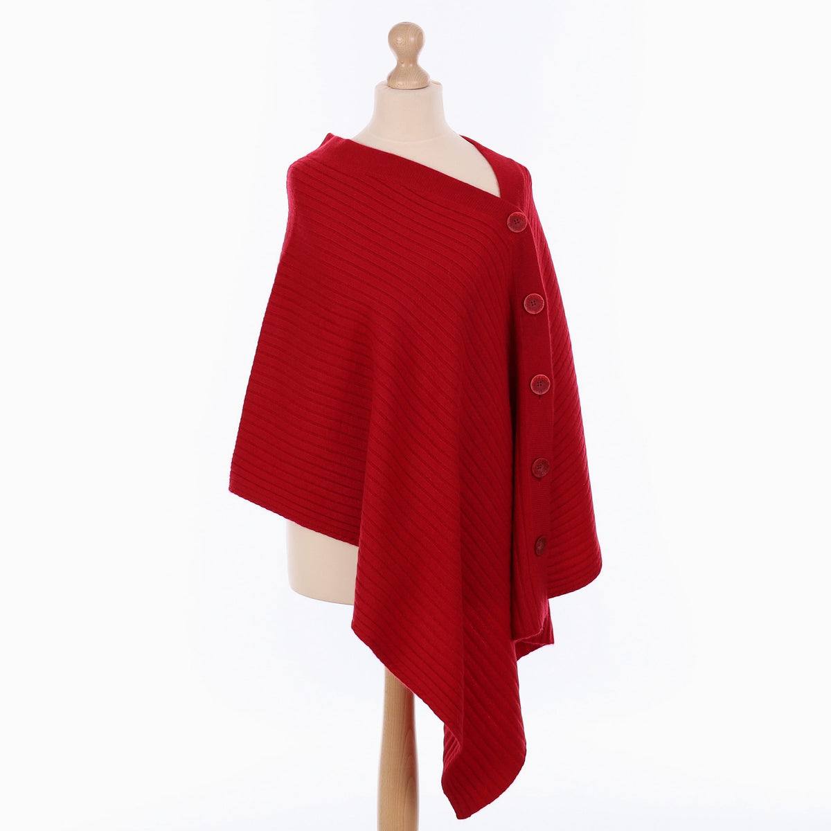 Berry Red Rib Cashmere Button Up Poncho