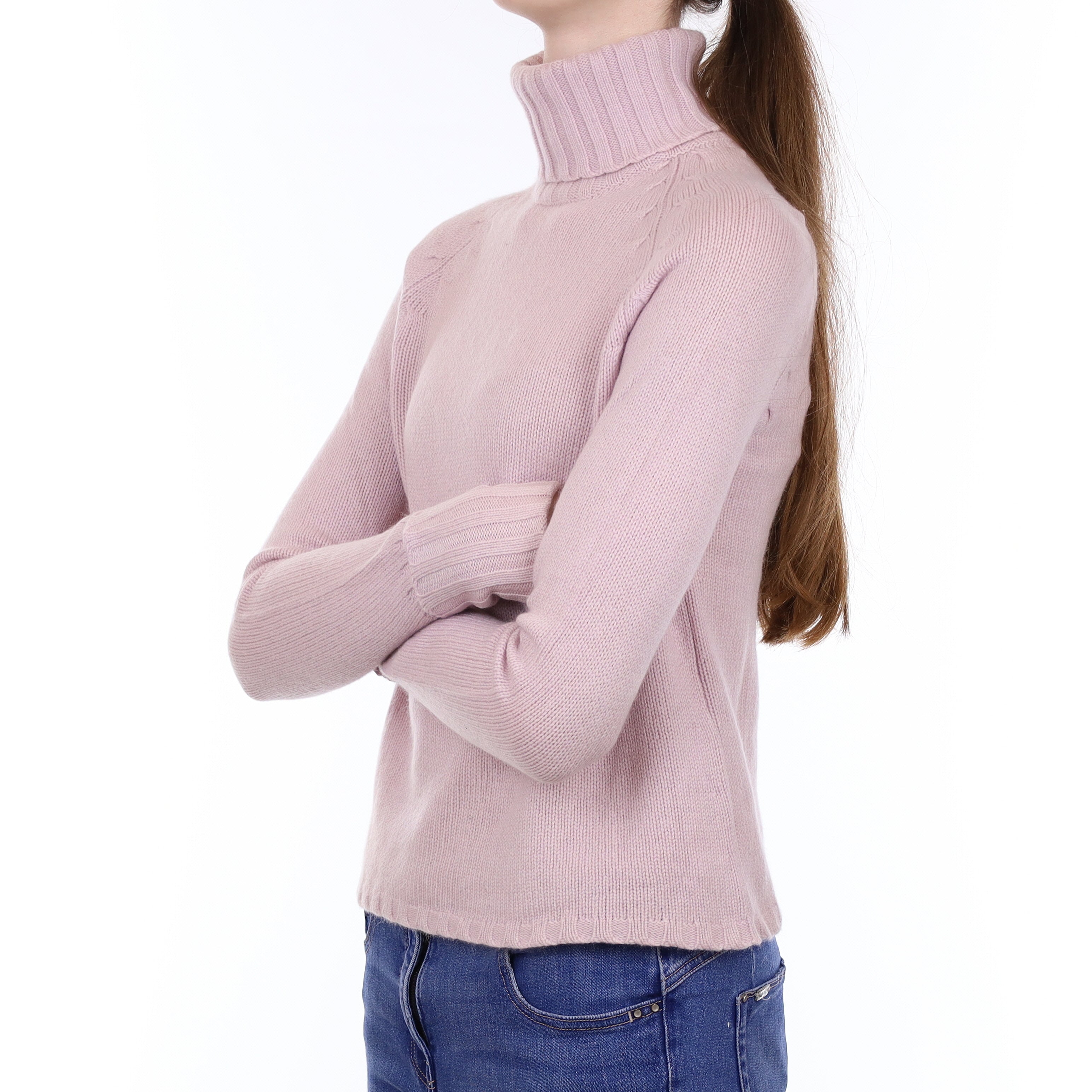 Pale Mauve Chunky Knit Cashmere Polo Neck Jumper Extra Small
