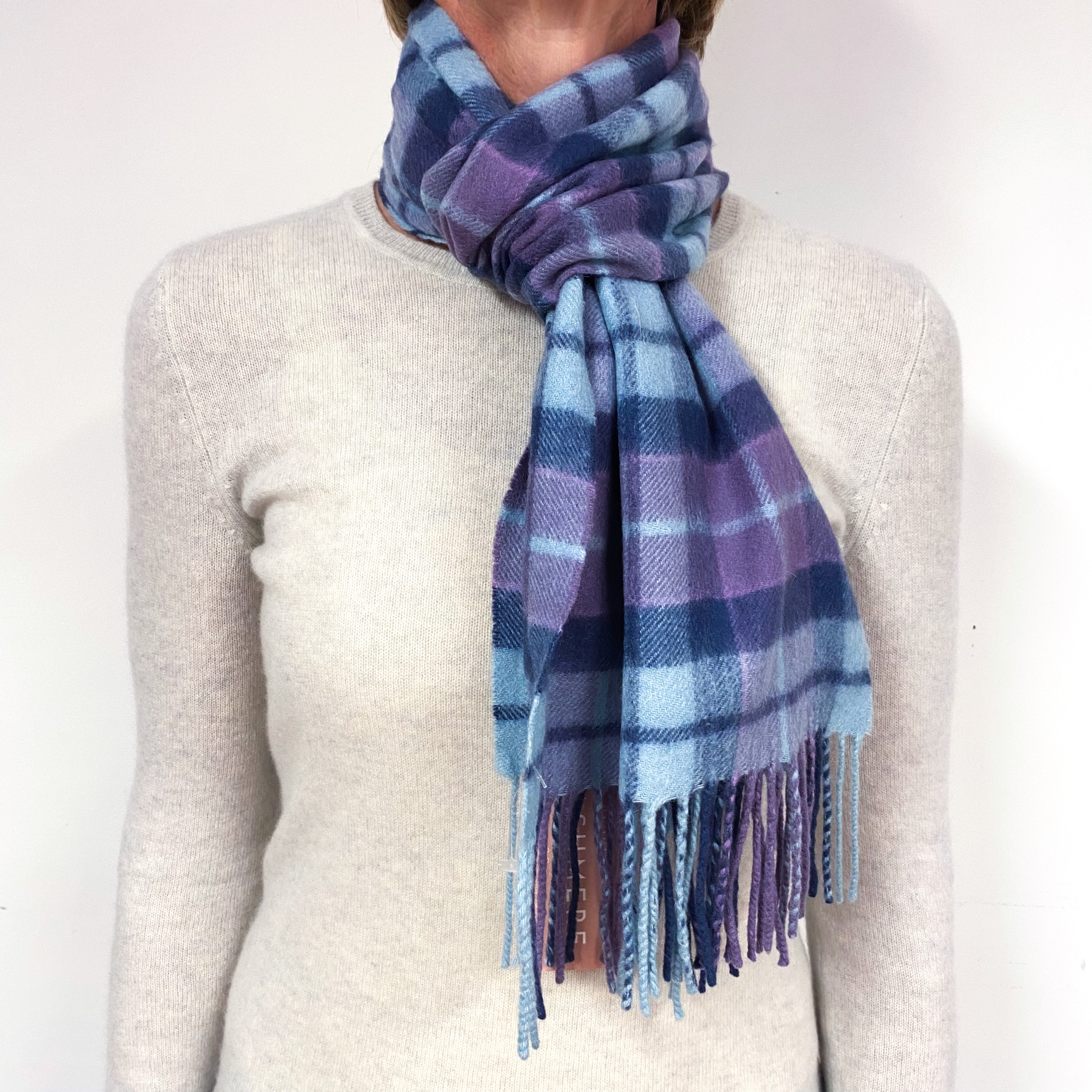 Purple, Navy Blue and Turquoise Tartan Cashmere Fringed Woven Scarf