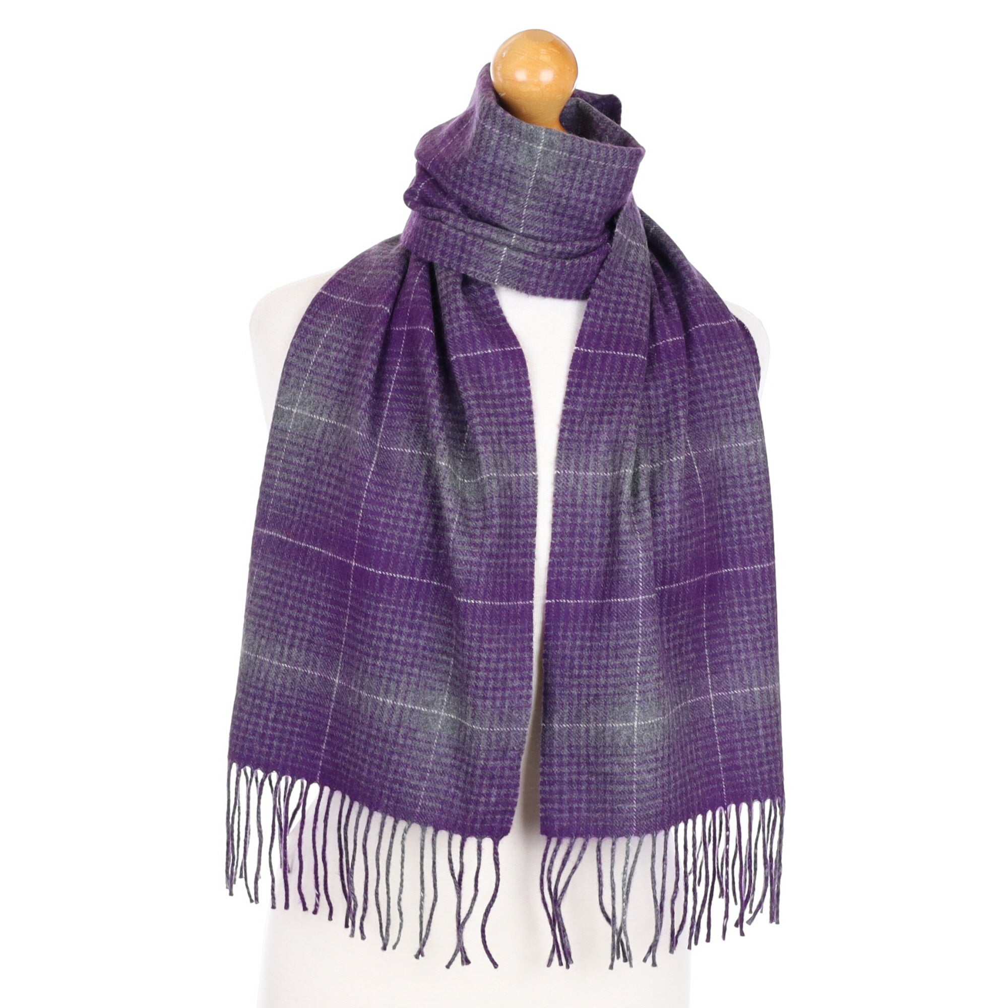 Iris and Grey Patterned Cashmere Fringed Woven Scarf