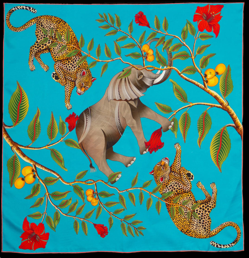 Brand New Bellezza Two Tone Blue Elephant Safari Double Faced Silk Scarf Extra Large