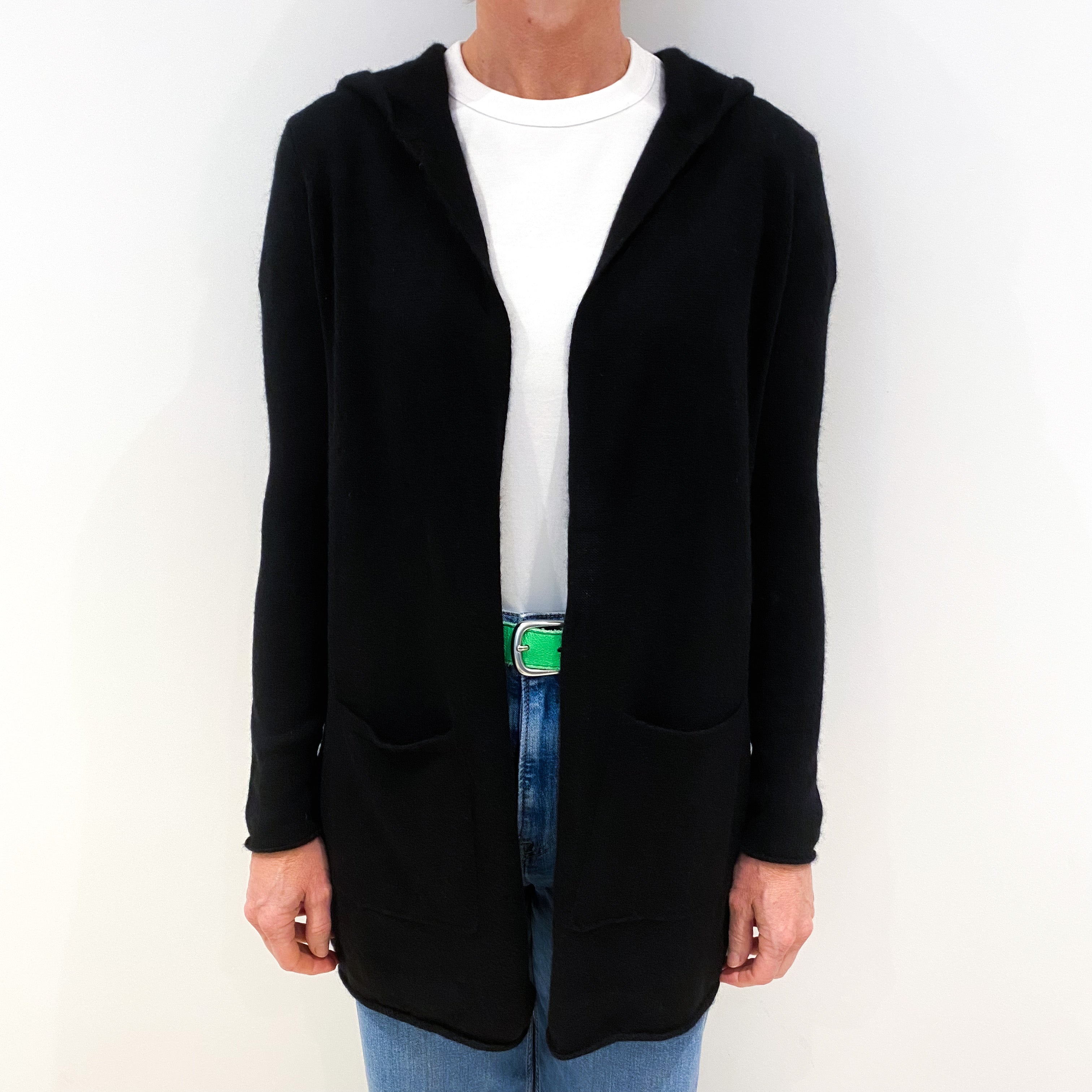 Black Cashmere Edge to Edge Cardigan with Hood Small