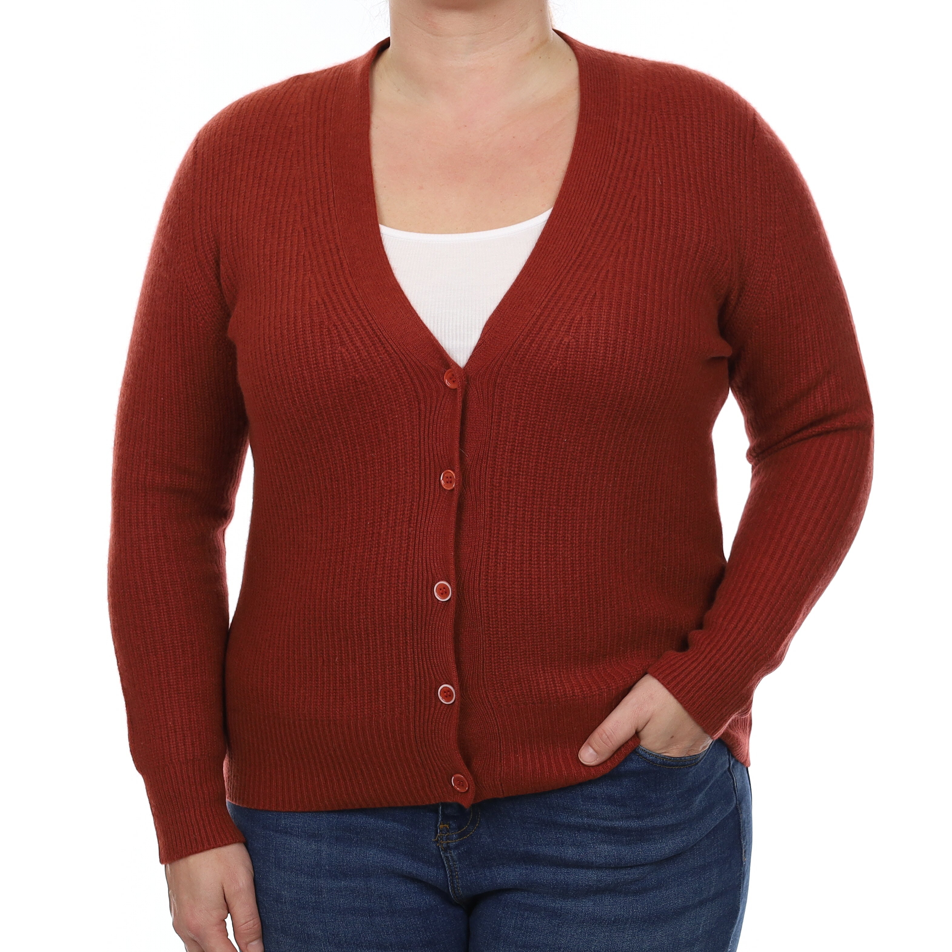 Rust Chunky Rib Cashmere V Neck Cardigan Large