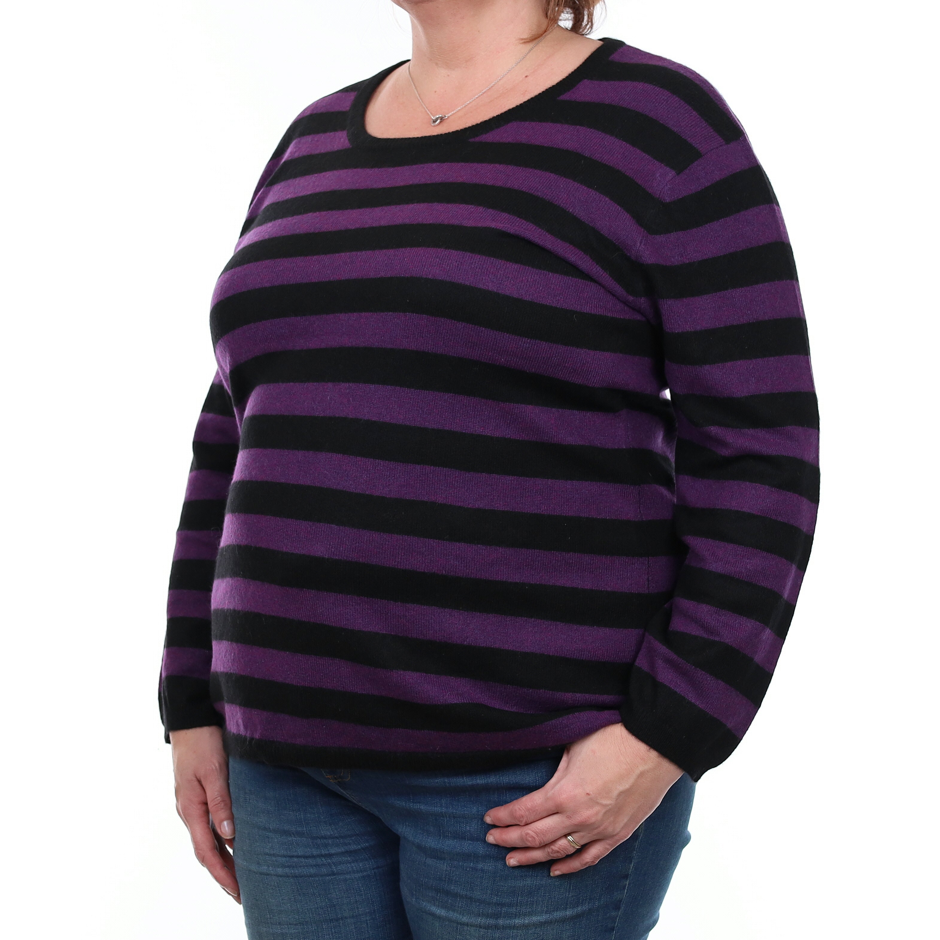 Black and Purple Striped Cashmere Crew Neck Jumper XXL