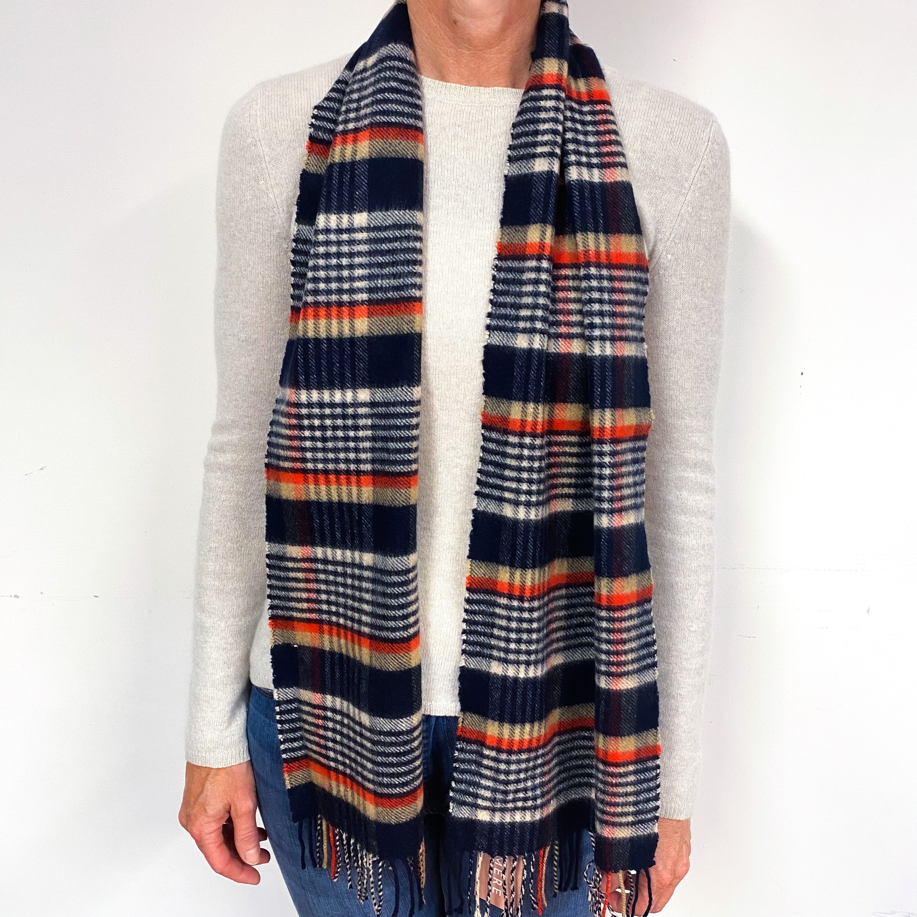 Navy Red and Camel Fringed Cashmere Woven Scarf