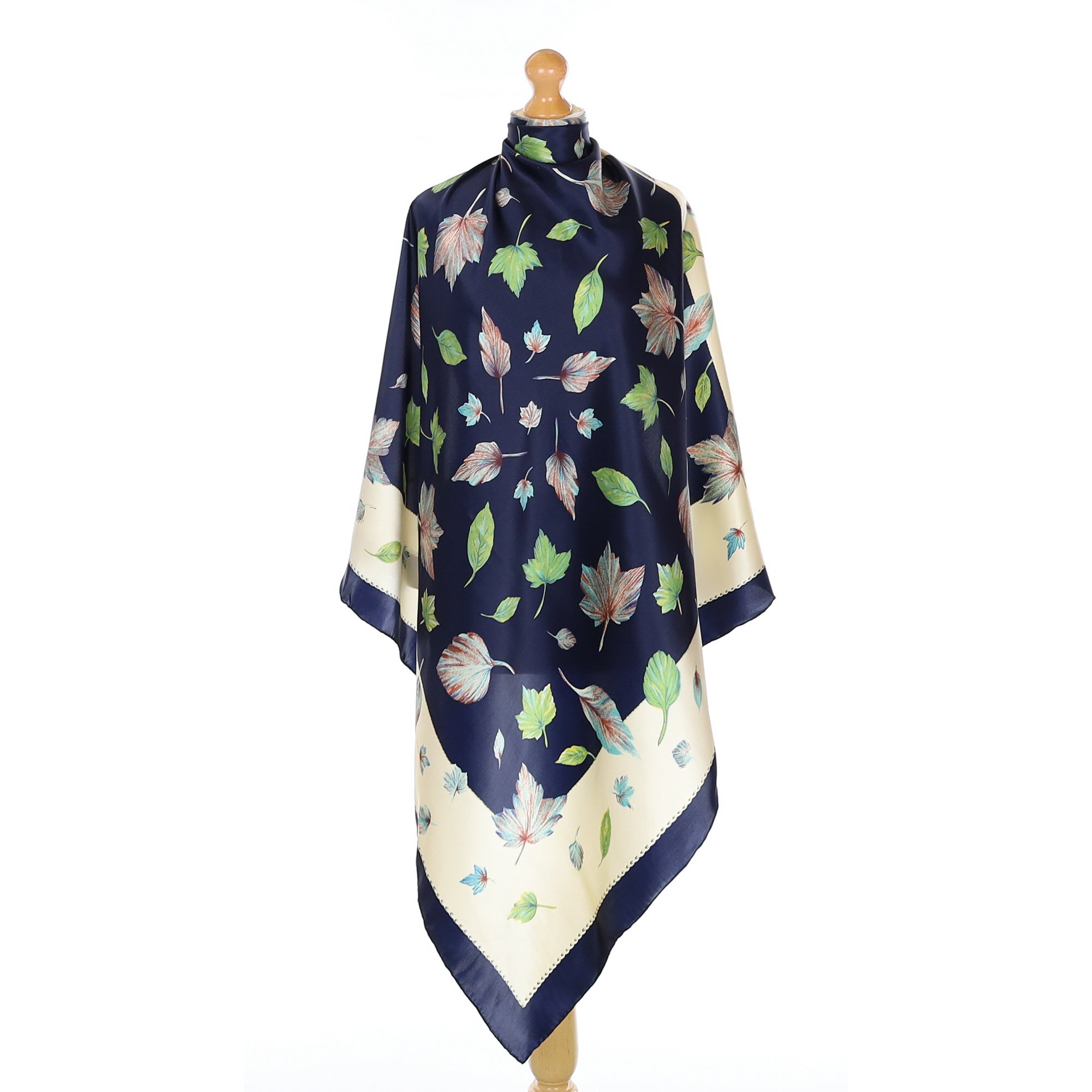 Navy Leaf Design Silk Scarf