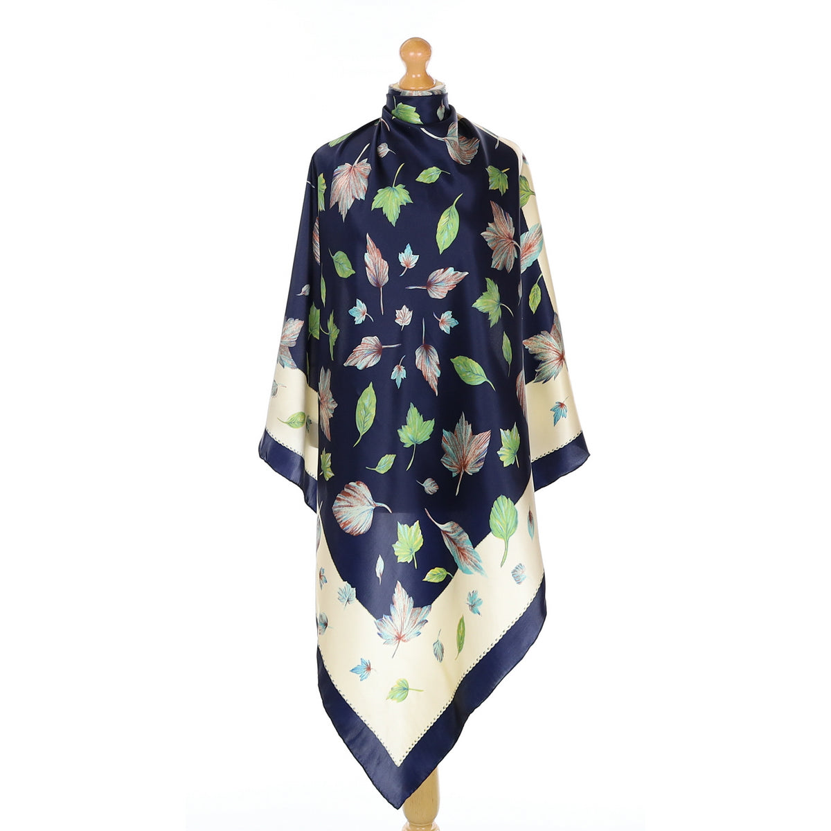 Navy Leaf Design Silk Scarf