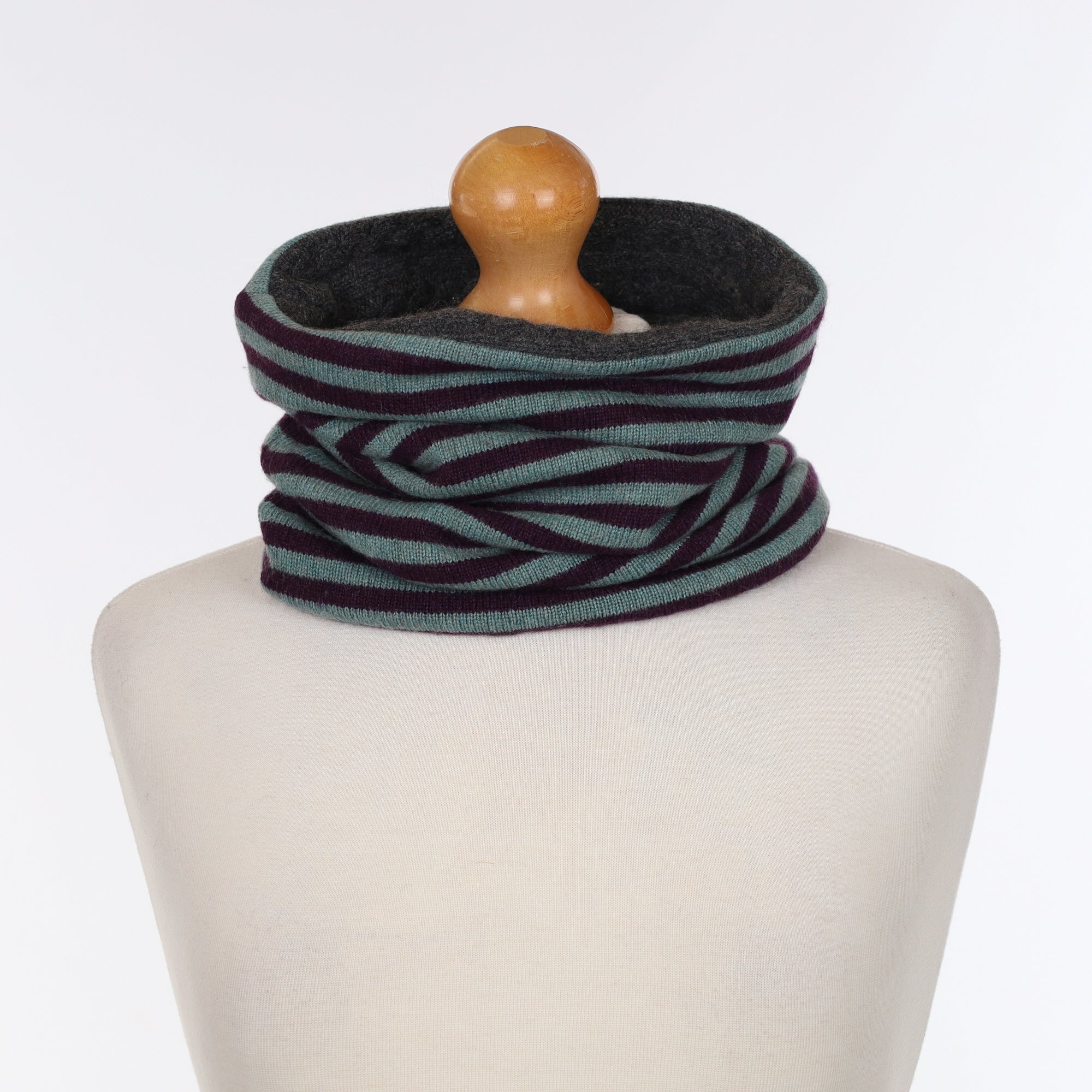 Duck Egg & Aubergine Striped with Grey Luxury Double Layered Snood