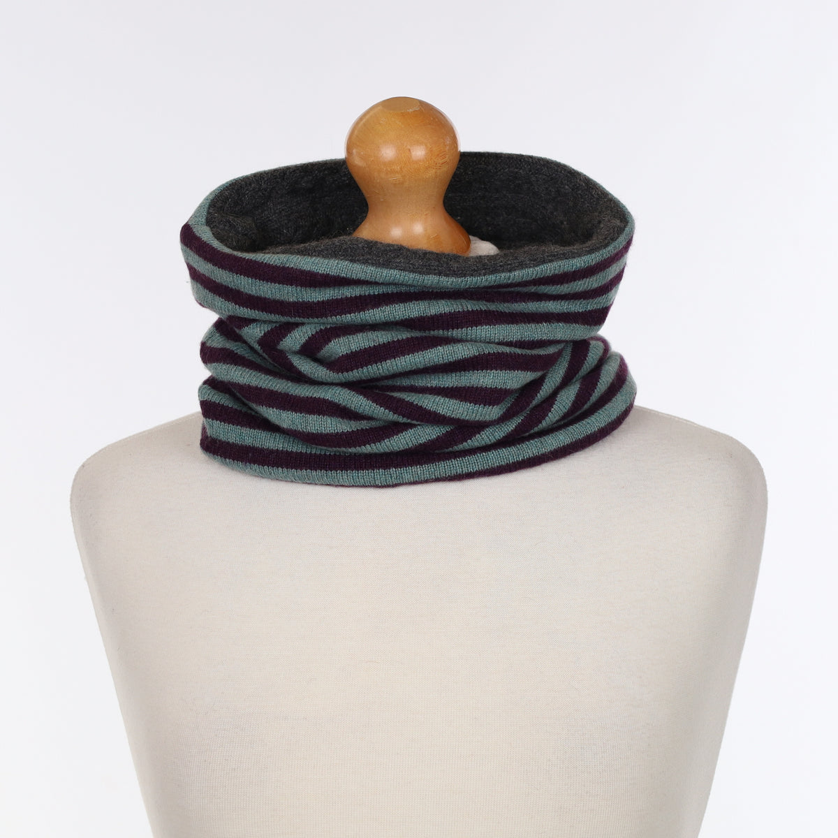 Duck Egg & Aubergine Striped with Grey Luxury Double Layered Snood