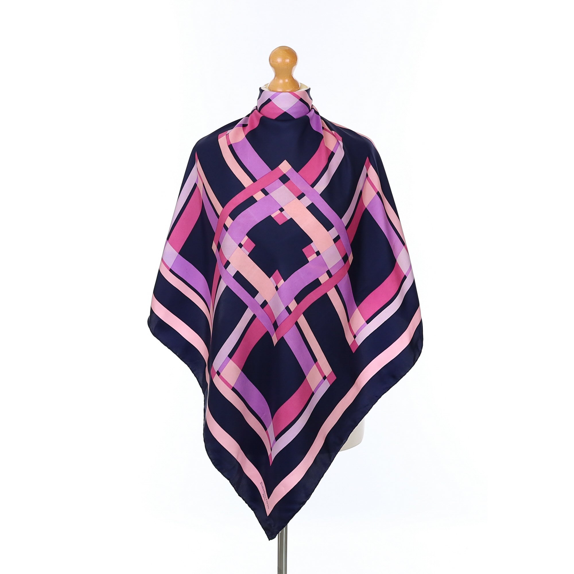 French Navy Blue and Pink Abstract Silk Scarf