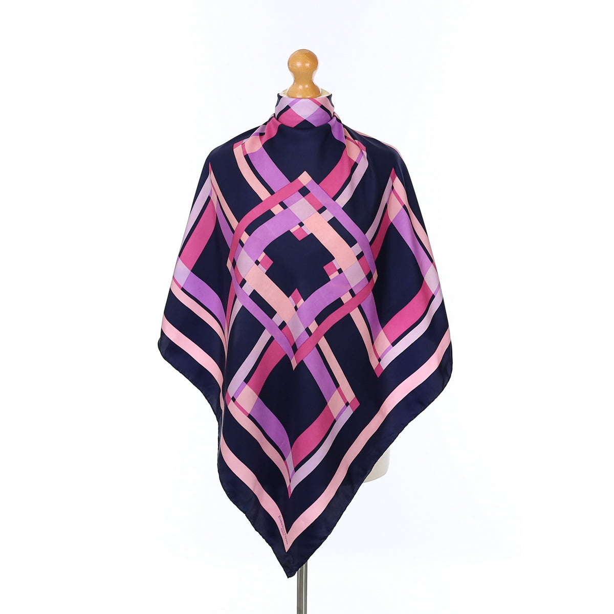 French Navy Blue and Pink Abstract Silk Scarf