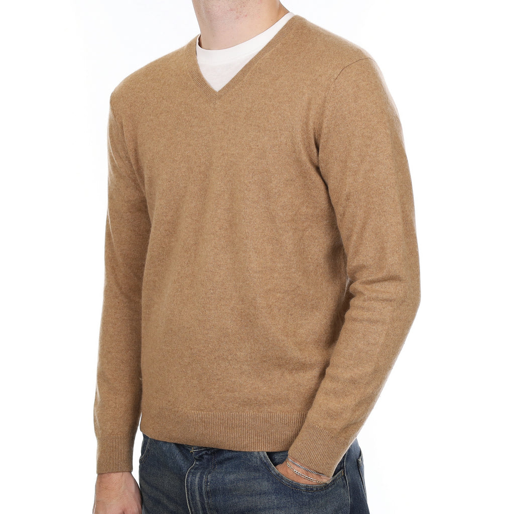 Men’s Toffee Brown Cashmere V Neck Jumper Medium