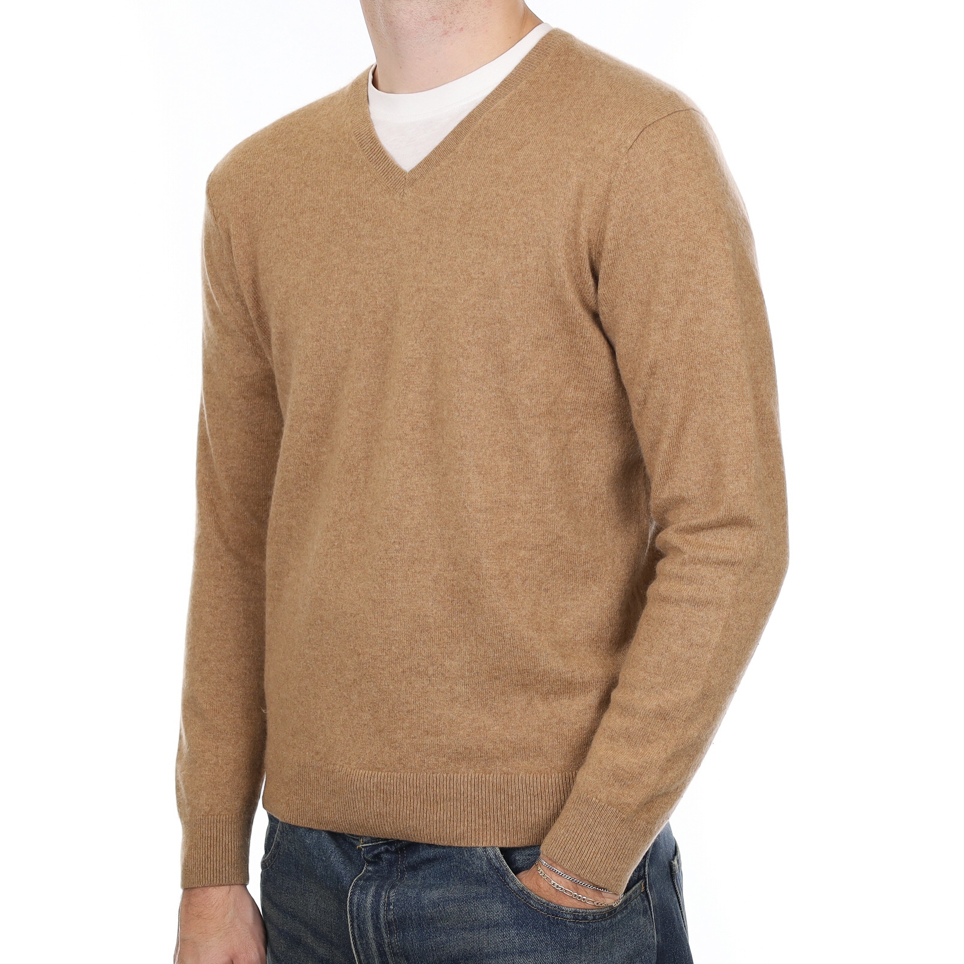 Men’s Toffee Brown Cashmere V Neck Jumper Medium