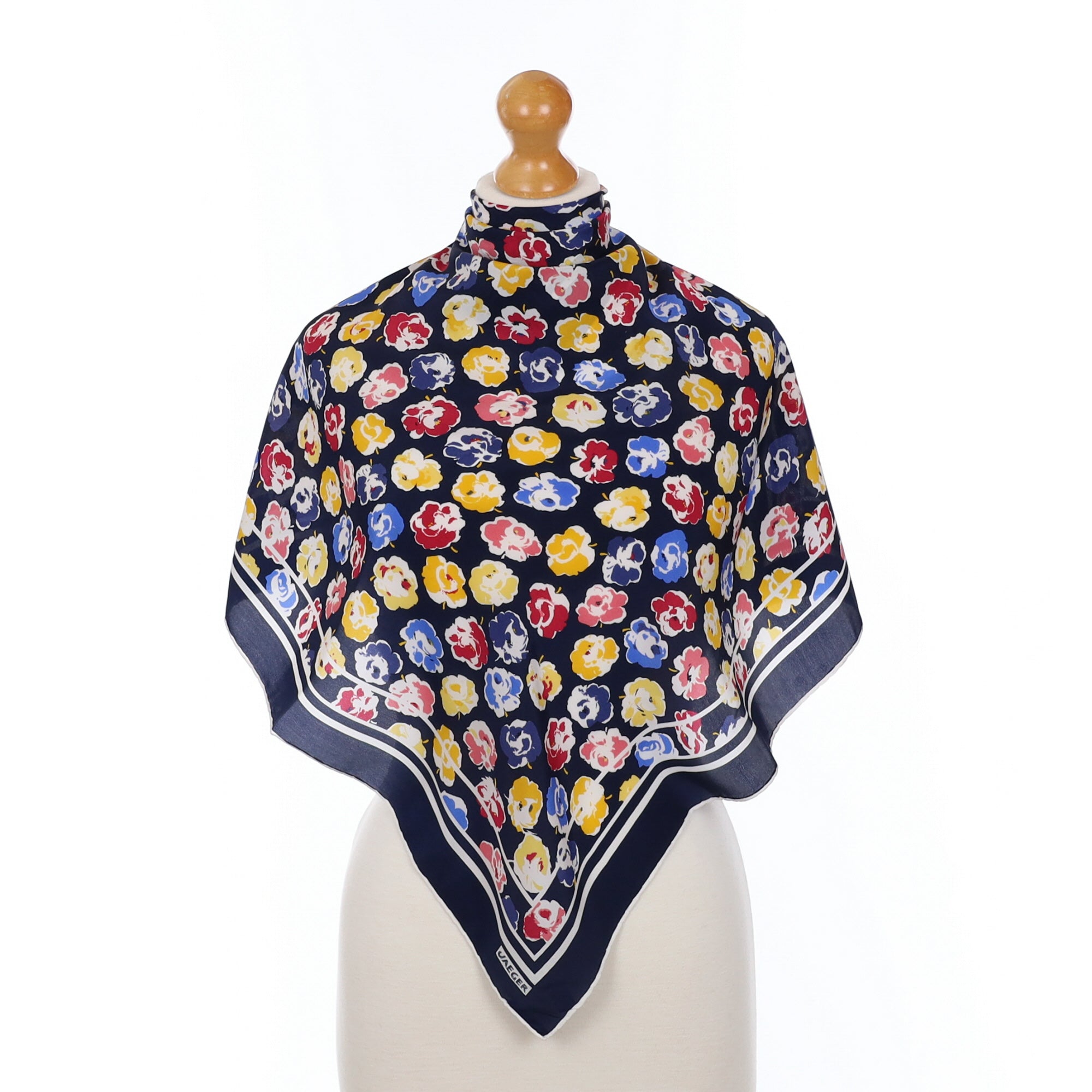 Jaeger Navy Blue Floral Vintage Silk Scarf