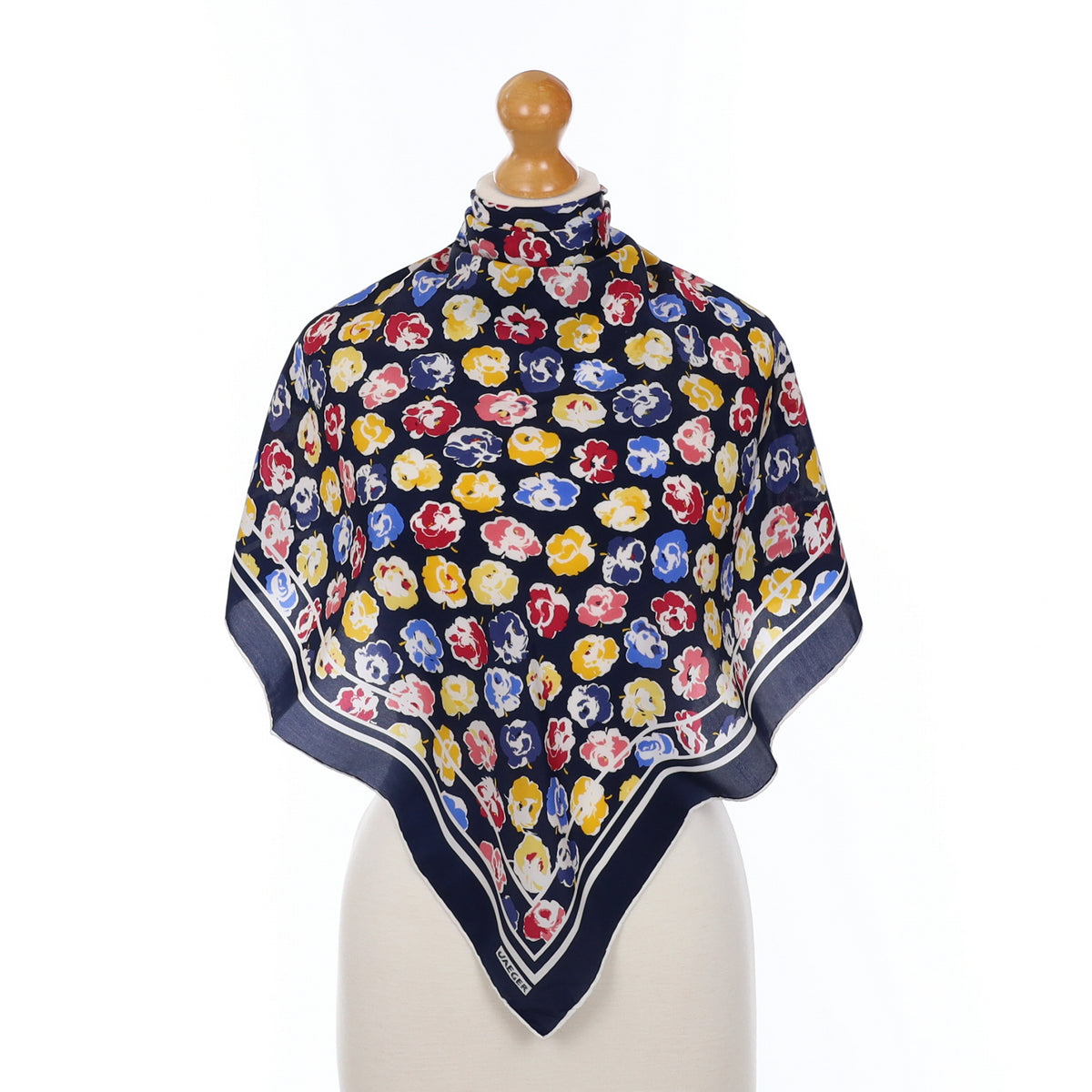 Jaeger Navy Blue Floral Vintage Silk Scarf