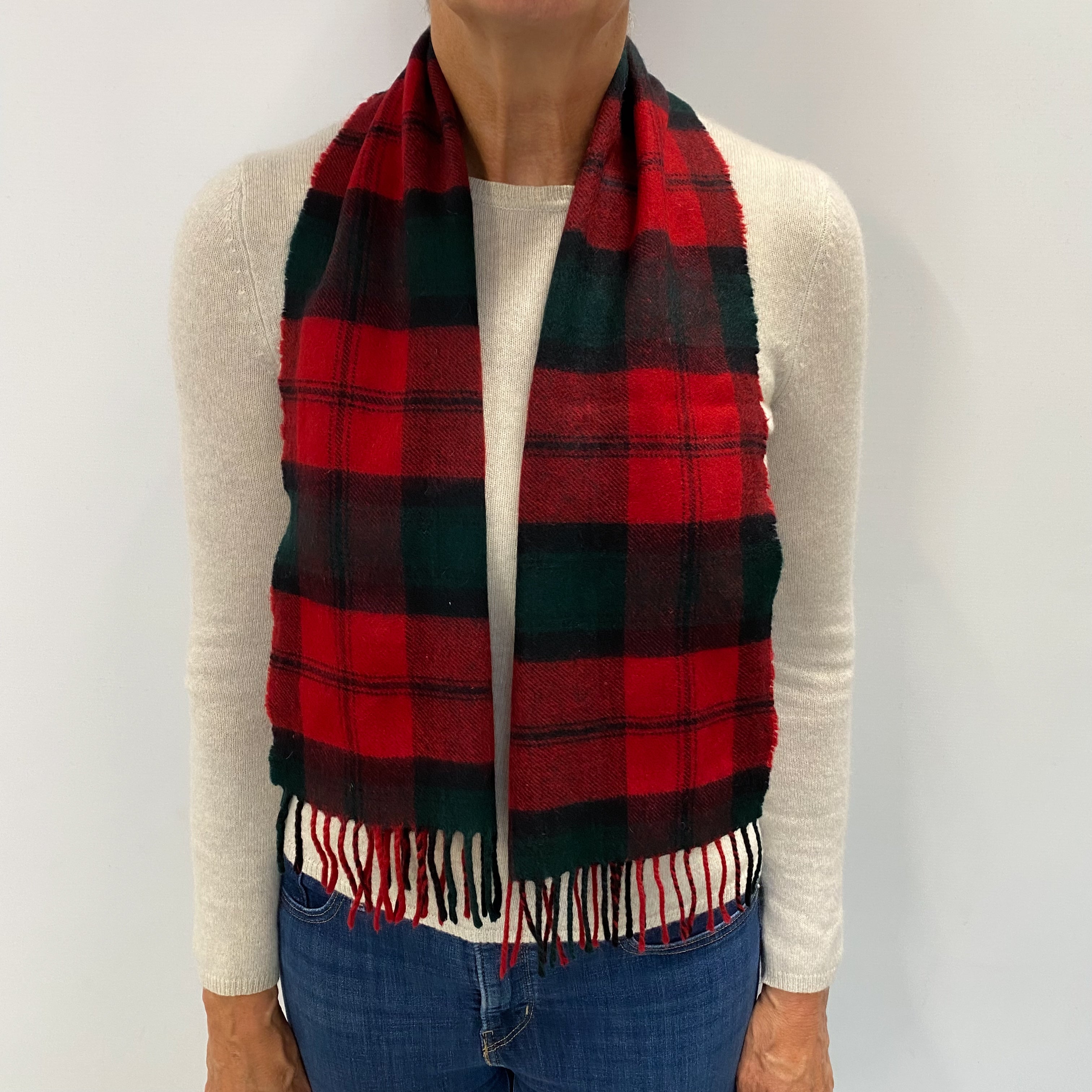Red Bottle Green Checked Cashmere Woven Fringed Scarf