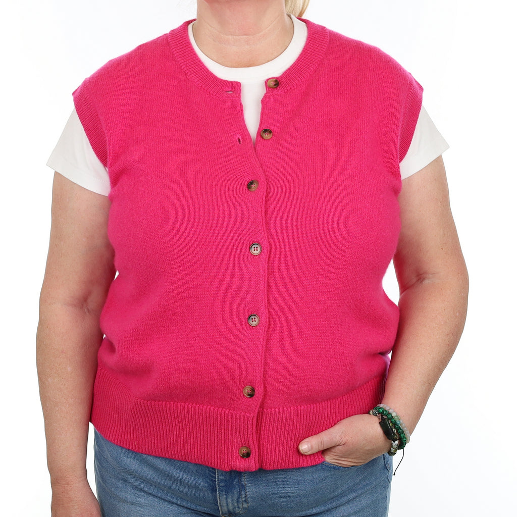 Brand New Hot Pink Luxury Cashmere Crew Neck Waistcoat Extra Large UK 20-22