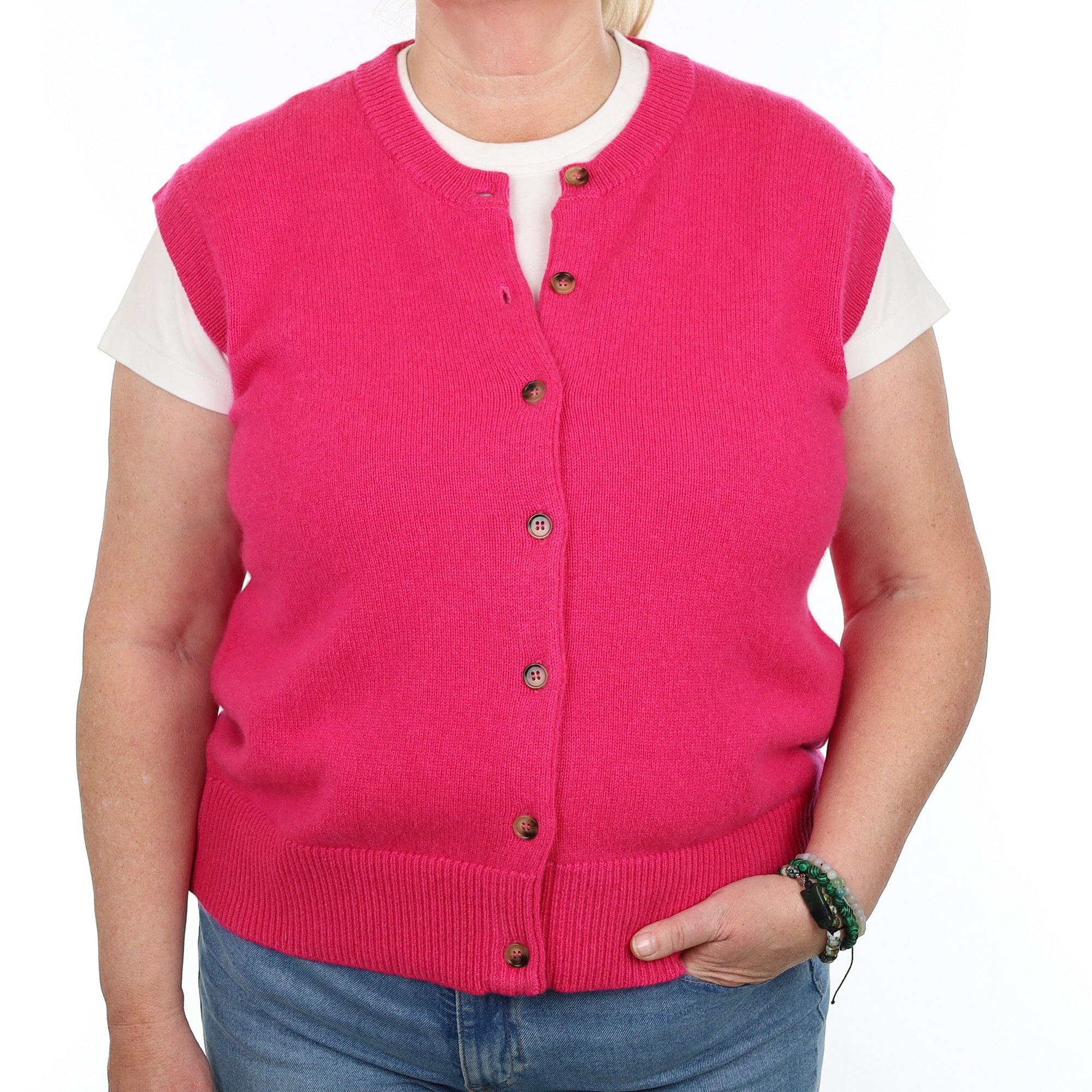 Brand New Hot Pink Luxury Cashmere Crew Neck Waistcoat Extra Large UK 20-22