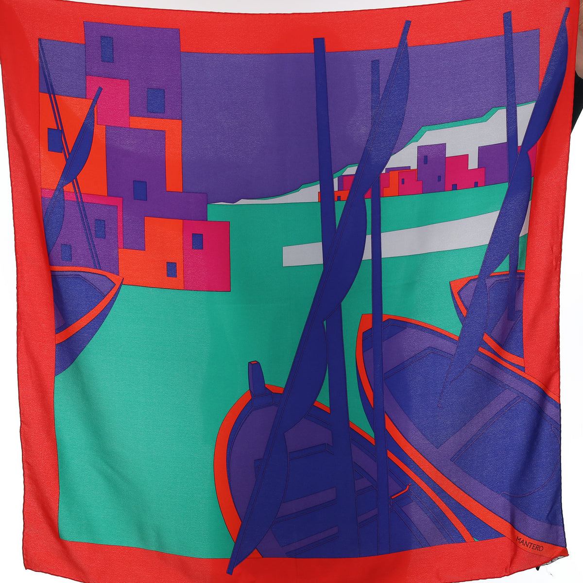 Brand New Mantero Abstract Boat Scene Silk Scarf