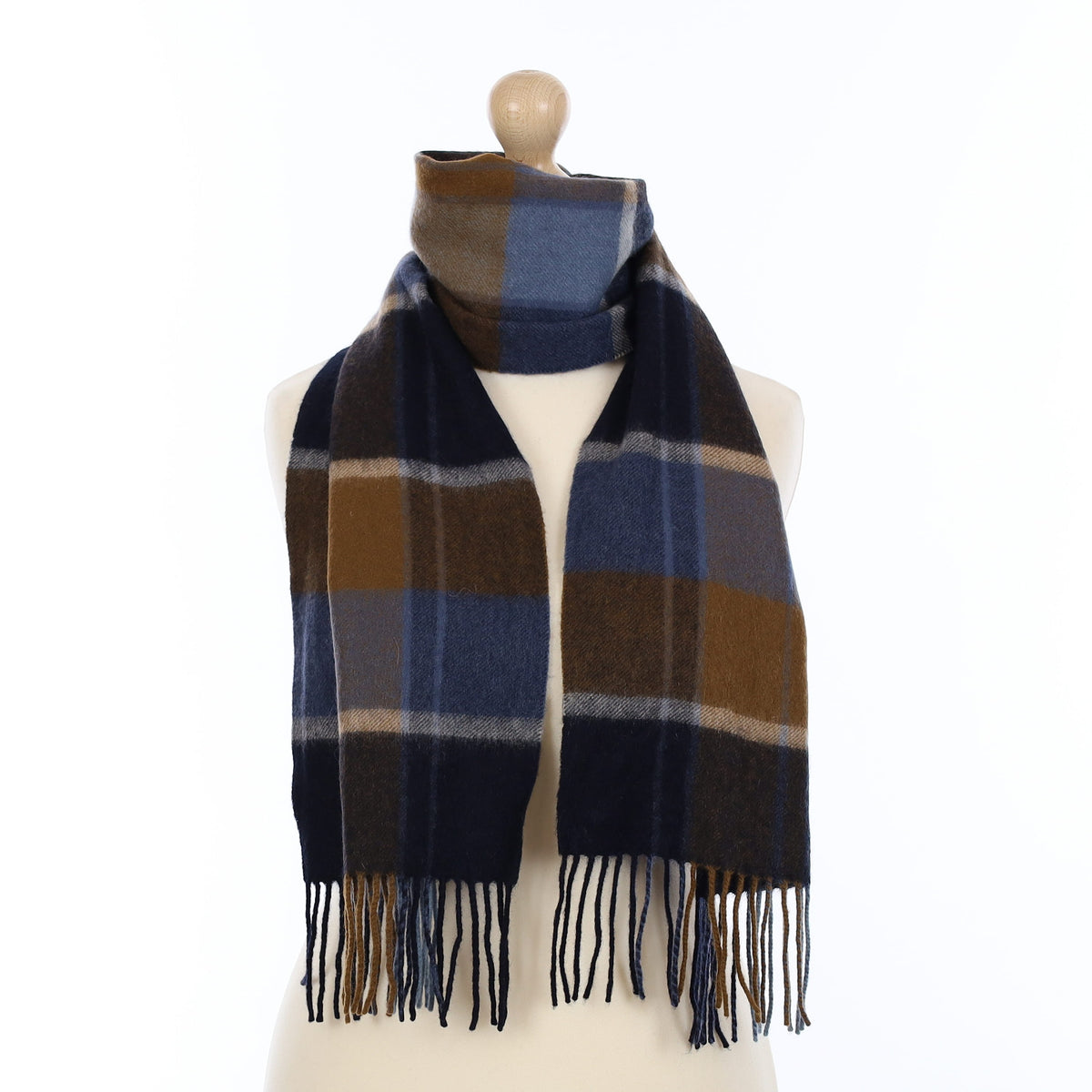 Navy and Camel Plaid Cashmere Woven Scarf