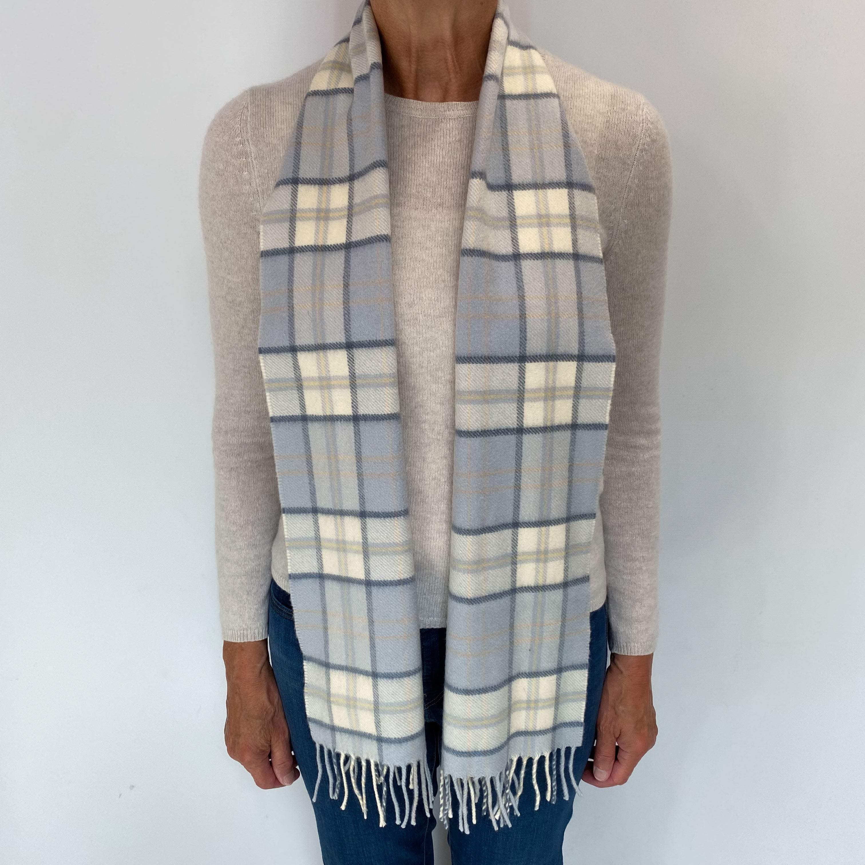 Baby Blue Checked Cashmere Tasseled Woven Scarf