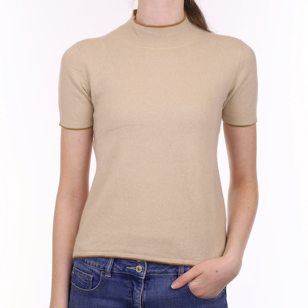 Beige with Caramel Trim Cashmere Short Sleeved Turtle Neck Jumper Extra Small