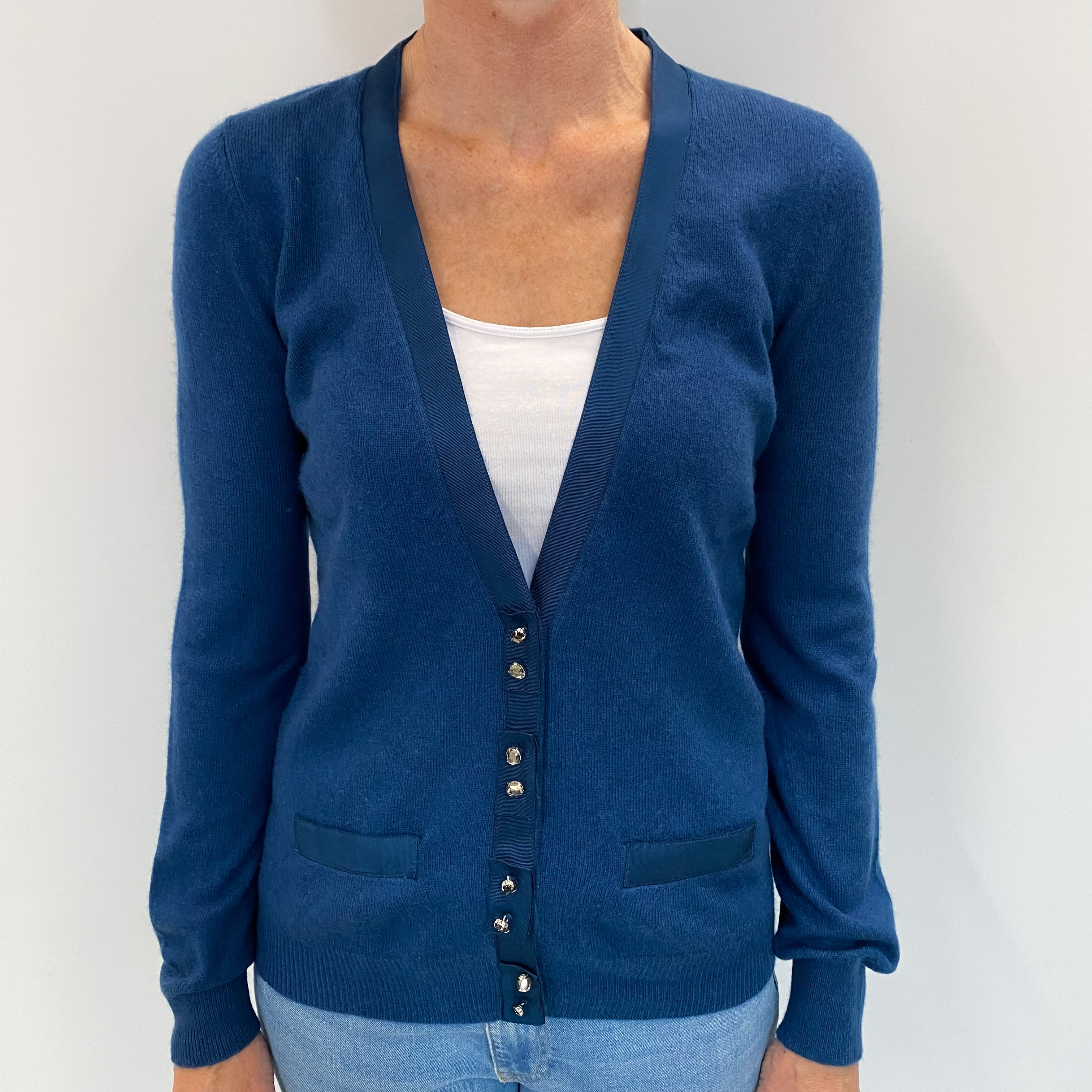 Petrol Blue Cashmere V Neck Cardigan Small