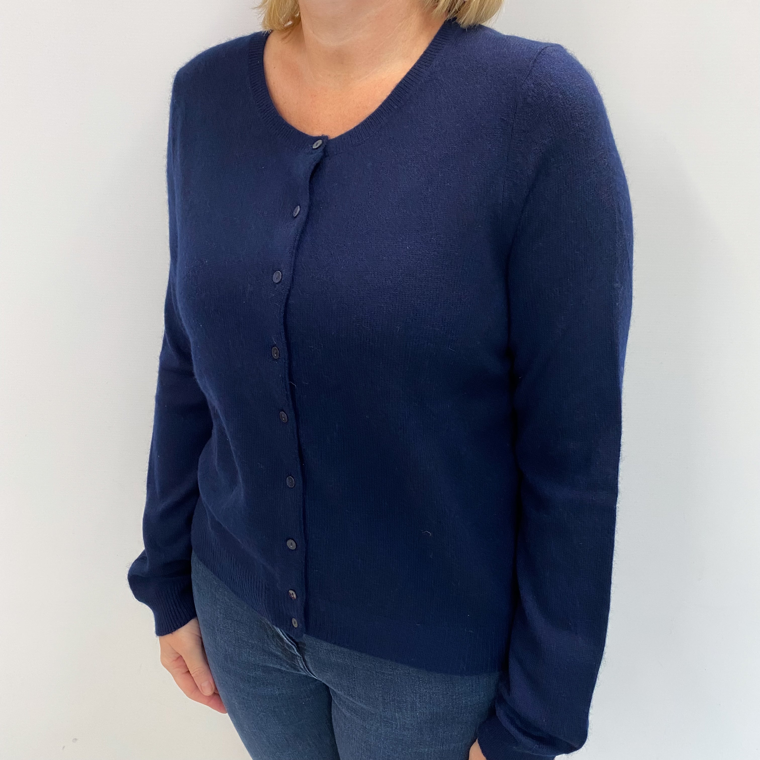 Navy Blue Cashmere Crew Neck Cardigan Large