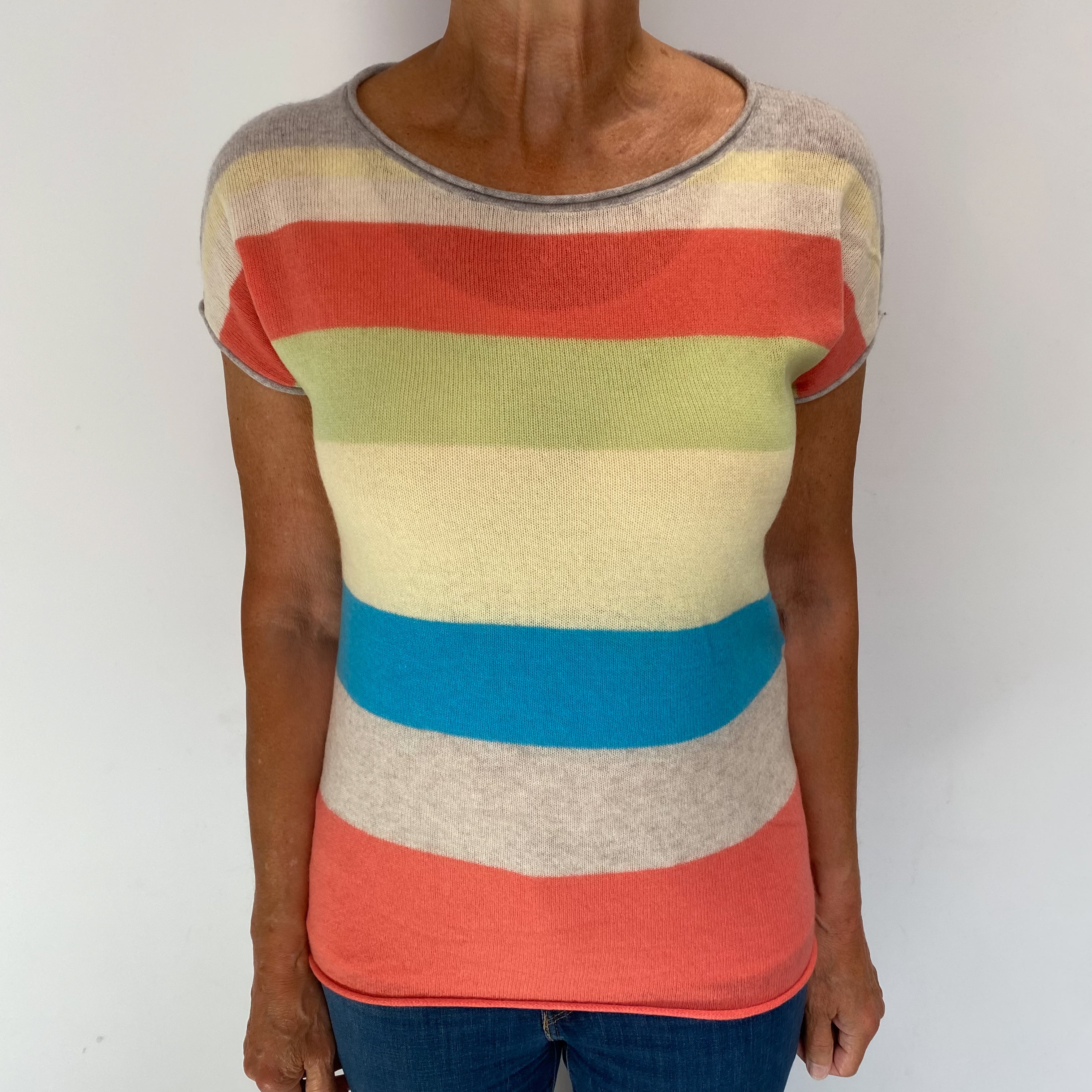Smoke Grey Colourful Striped Cashmere Crew Neck Short Sleeved Jumper Medium