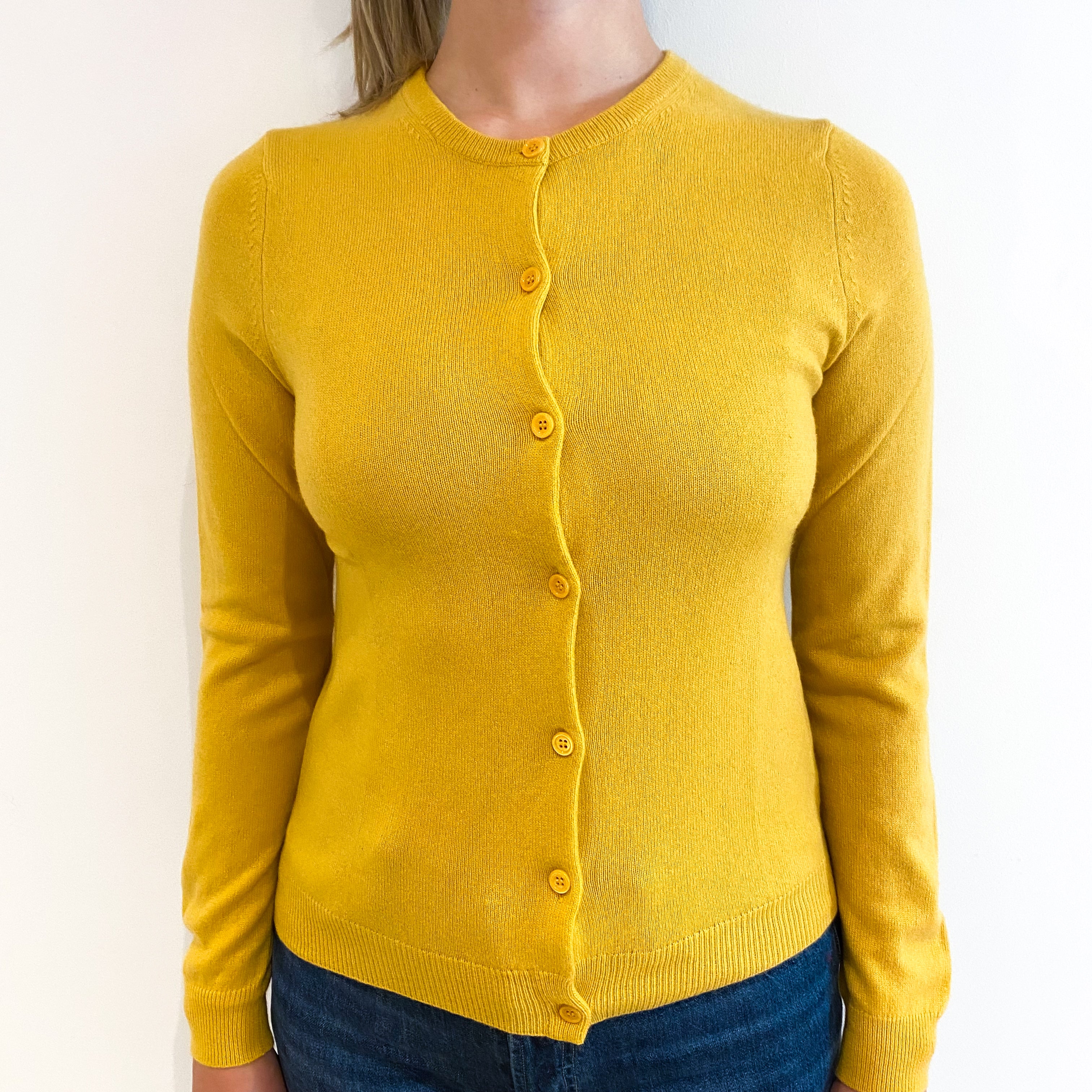 Sunflower Yellow Cashmere Crew Neck Cardigan Small