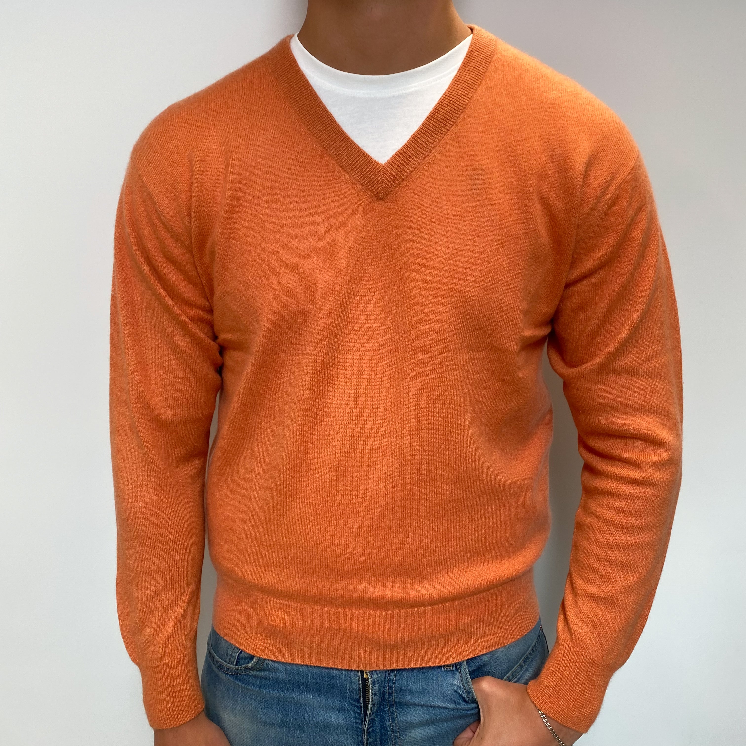 Men's Pumpkin Orange Cashmere V Neck Jumper XL
