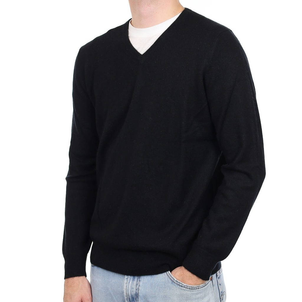 Men's Black Cashmere V Neck Jumper Large