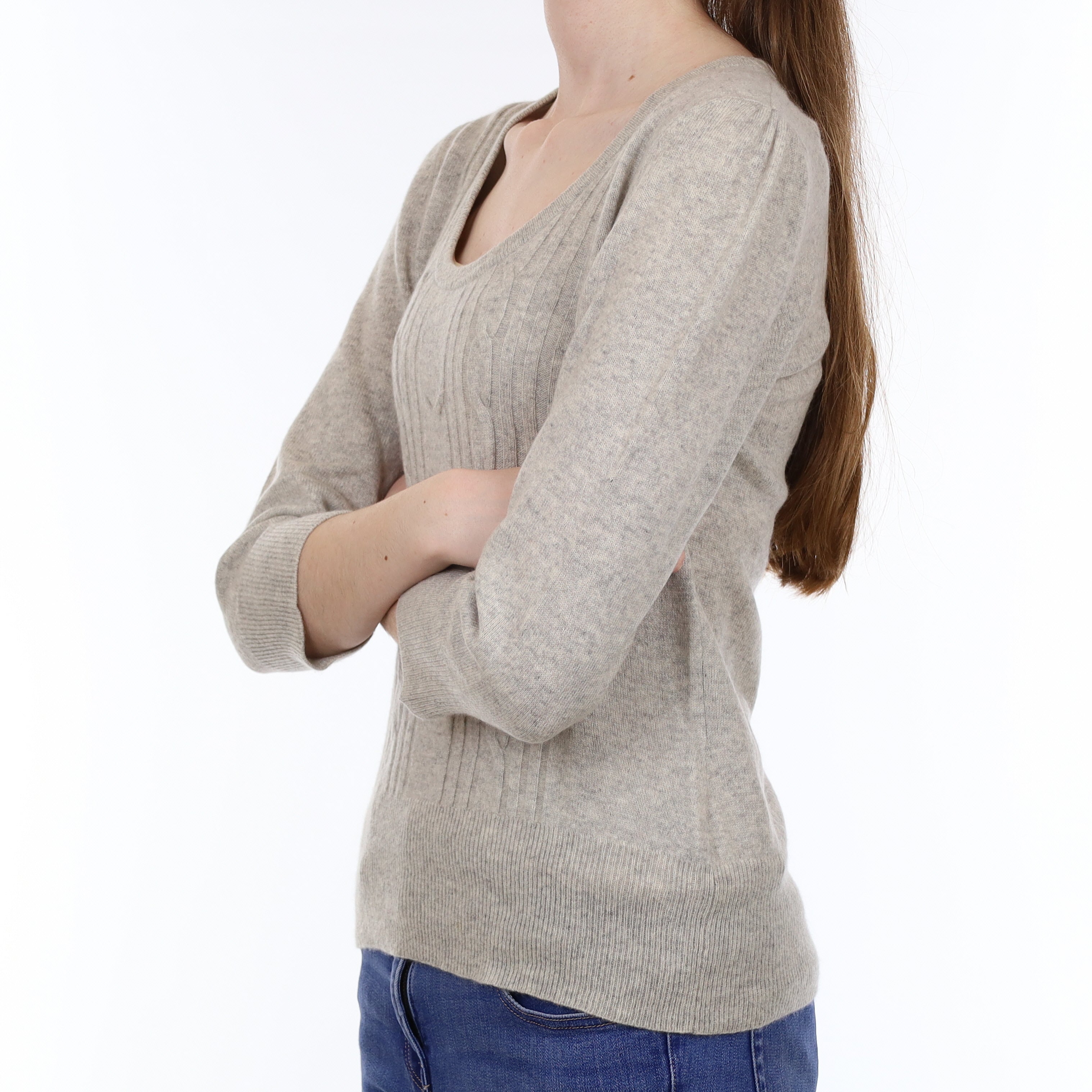 Mist Grey Cable Front Cashmere Scoop Neck Jumper Extra Small