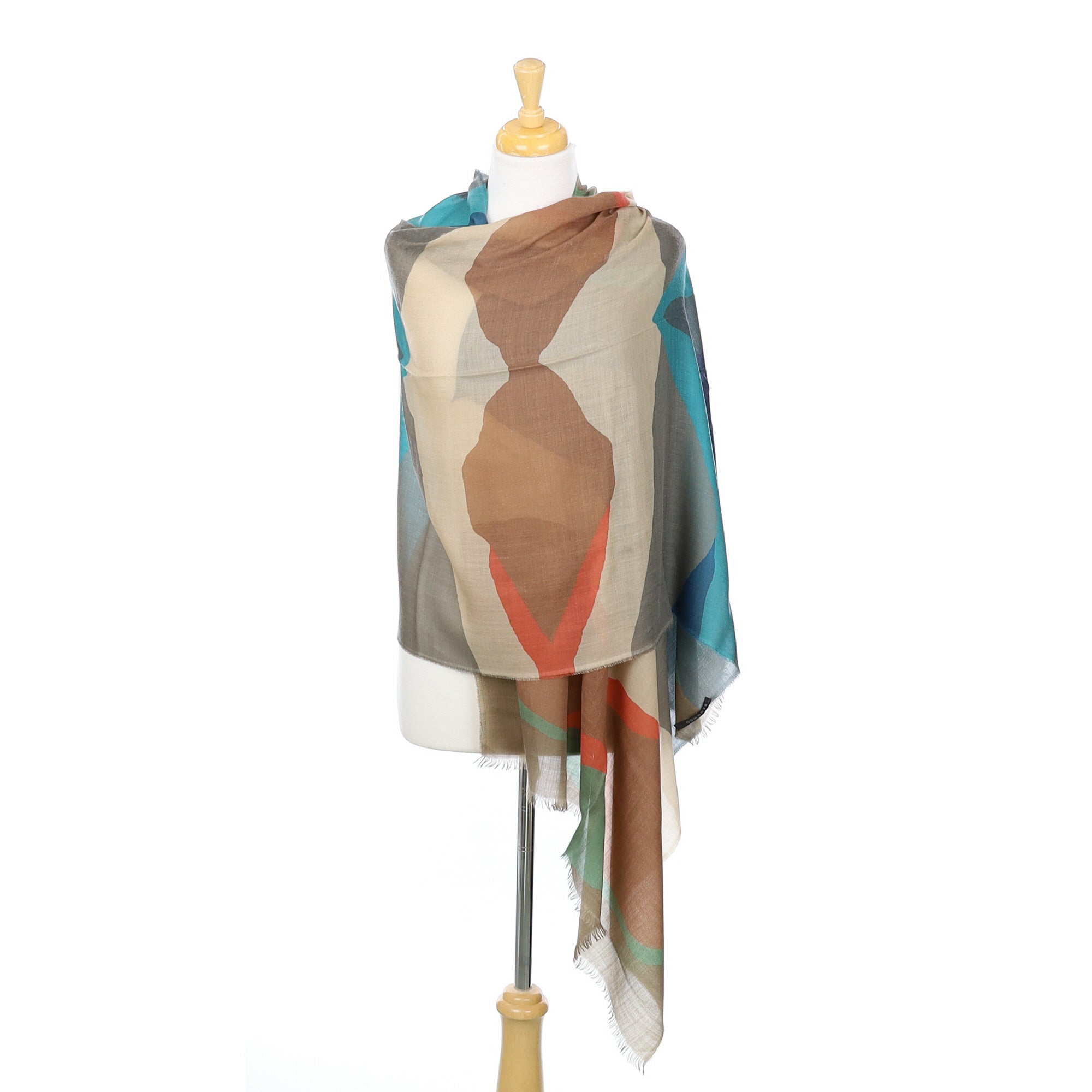Scottish Begg & Co Khaki and Blue Patterned Fine Woven Cashmere Wrap