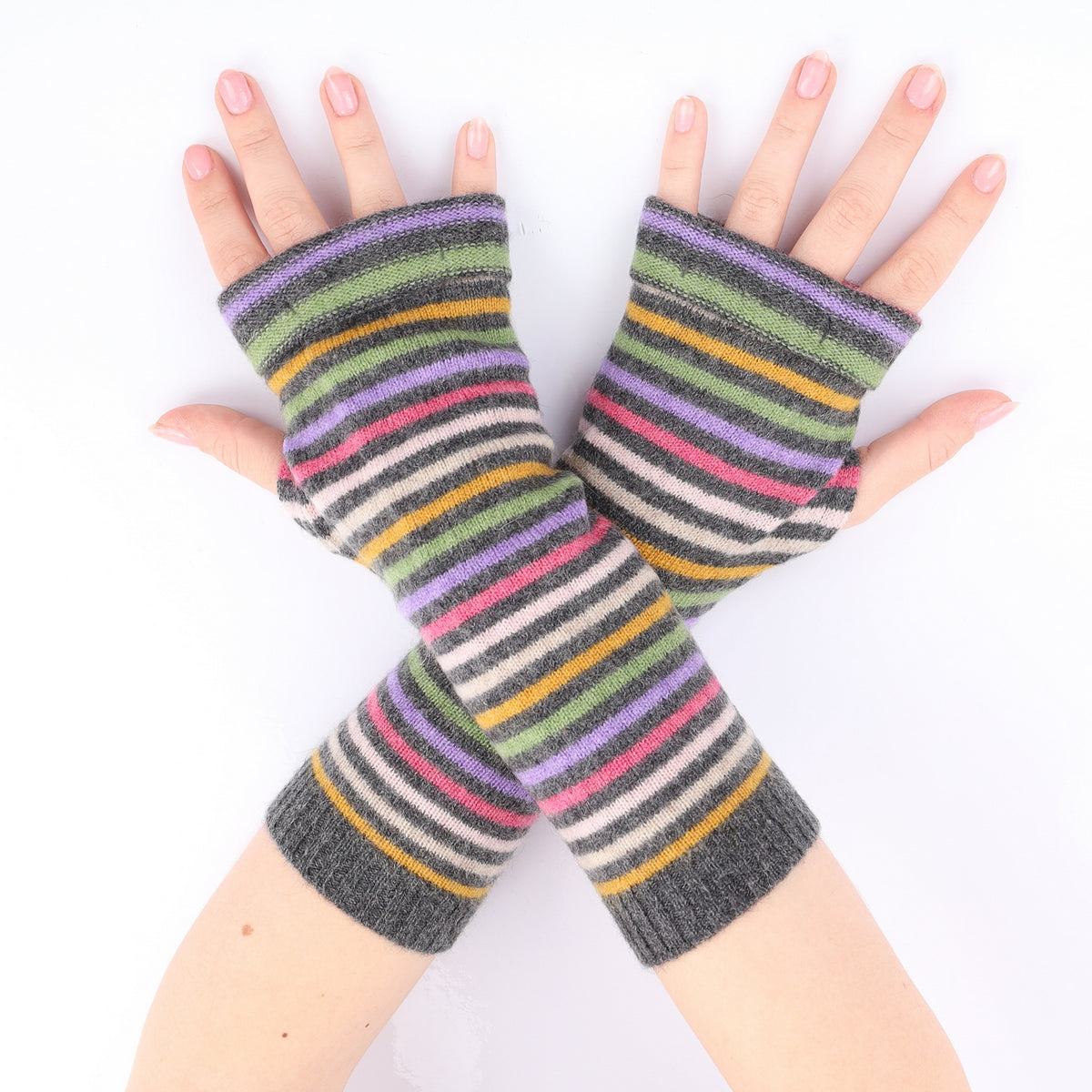 Grey Multicolour Stripe Fingerless Gloves