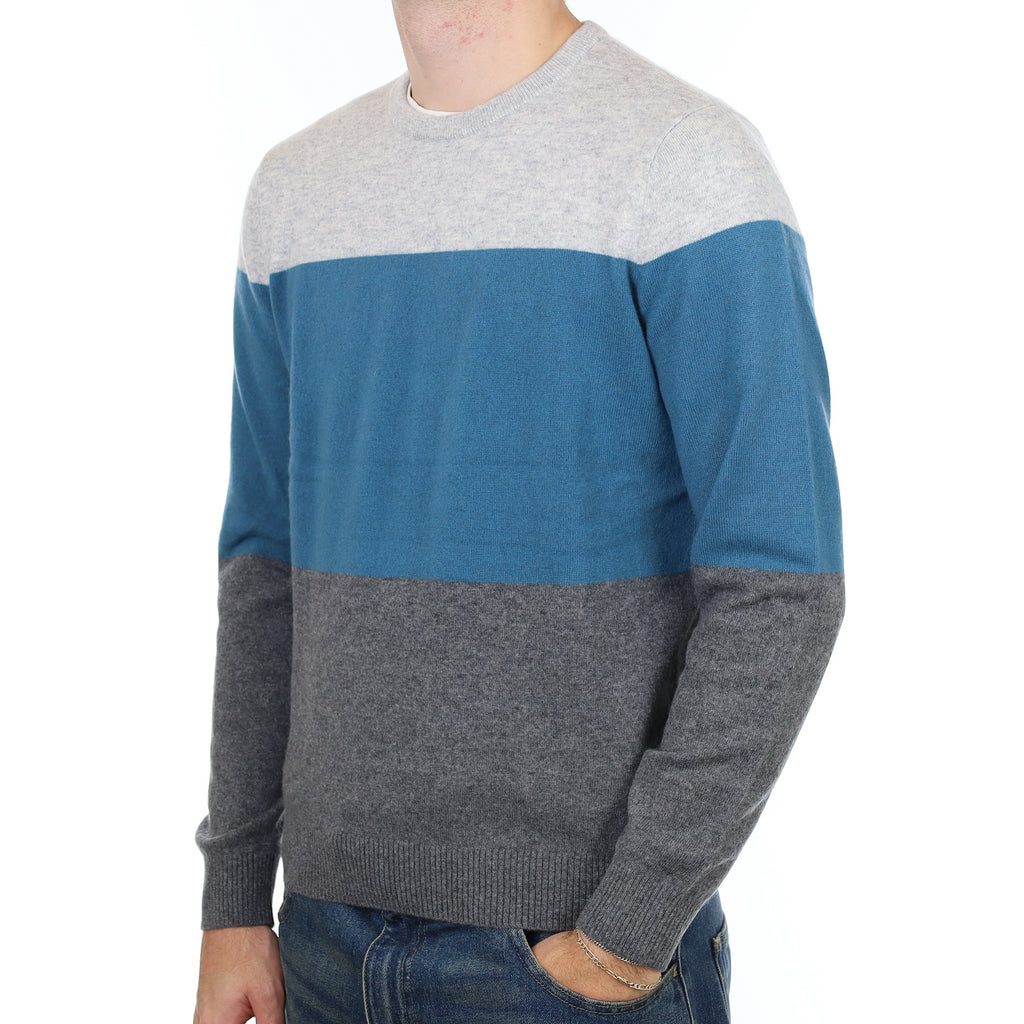 Men’s Blue and Grey Cashmere Crew Neck Jumper Medium