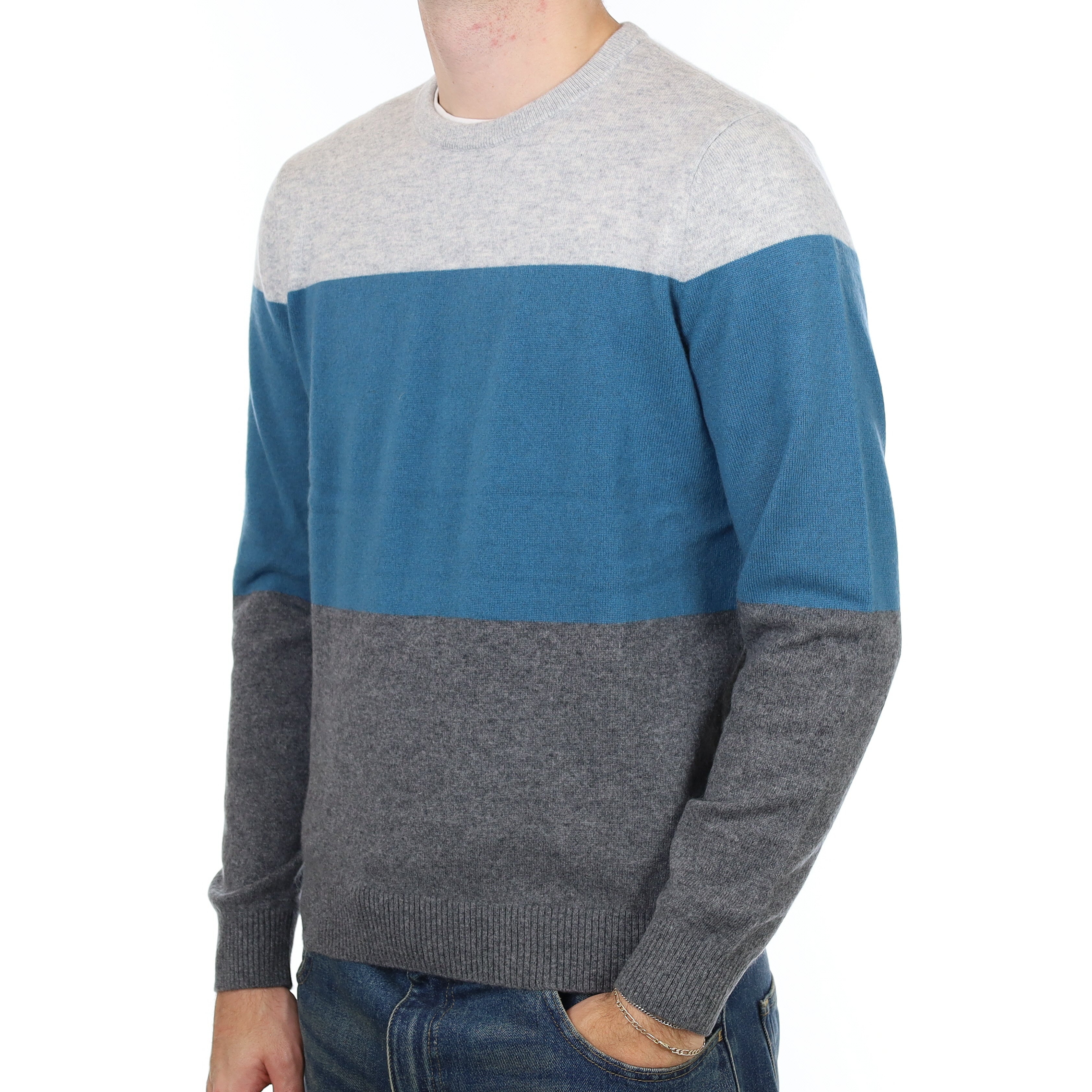 Men’s Blue and Grey Cashmere Crew Neck Jumper Medium