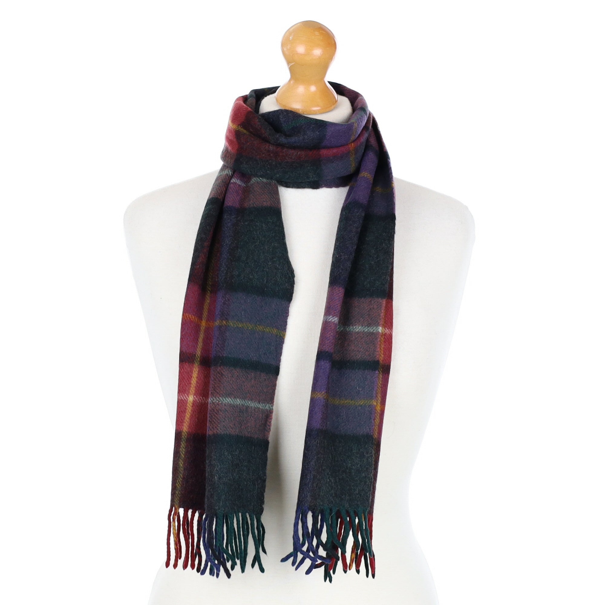 Grey and Plum Checked Cashmere Fringed Woven Scarf