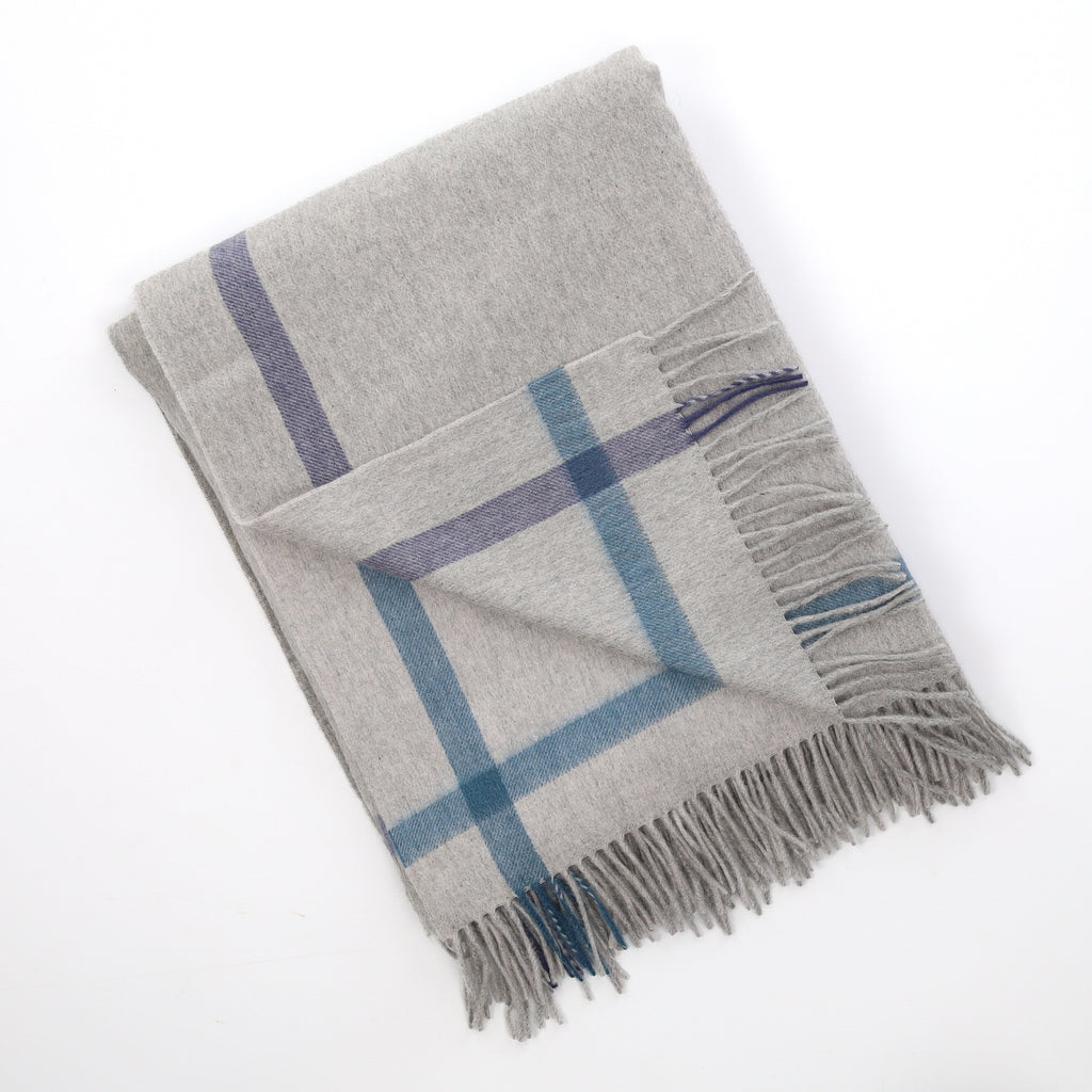 Brand New English Smoke Grey and Blue Luxury Woven Cashmere Blanket
