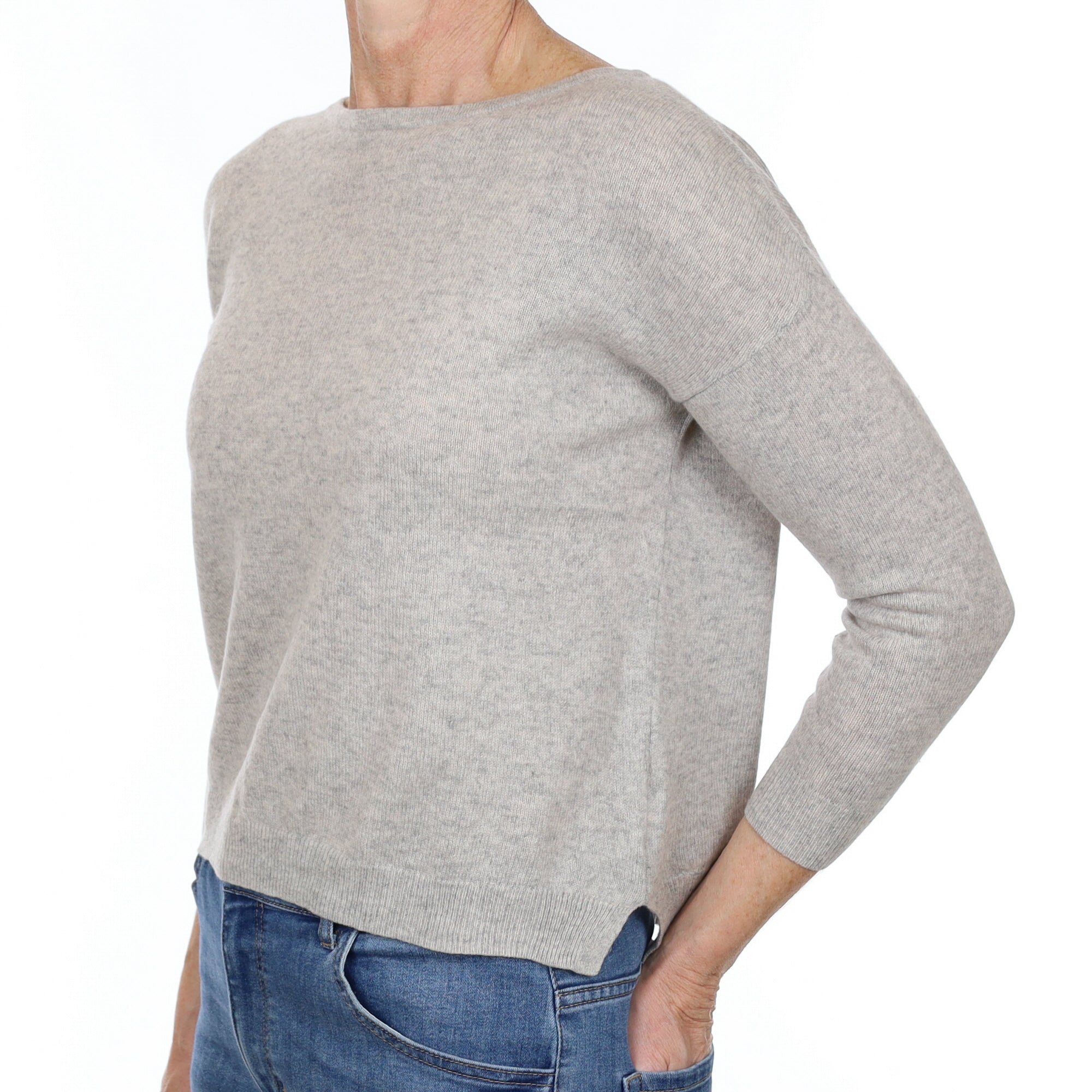 Mist Grey Cashmere Button Back Slash Neck Jumper Small