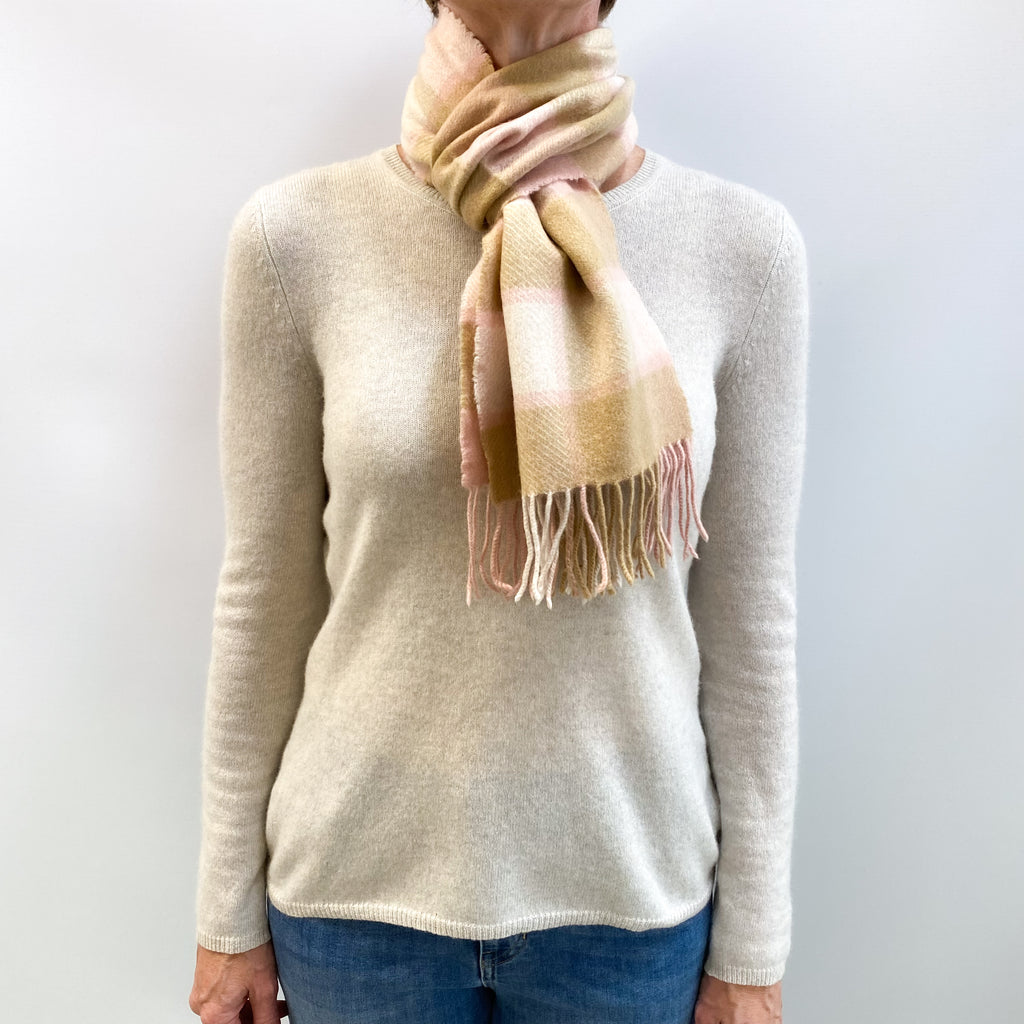 Camel and Pink Checked Fringed Cashmere Woven Scarf