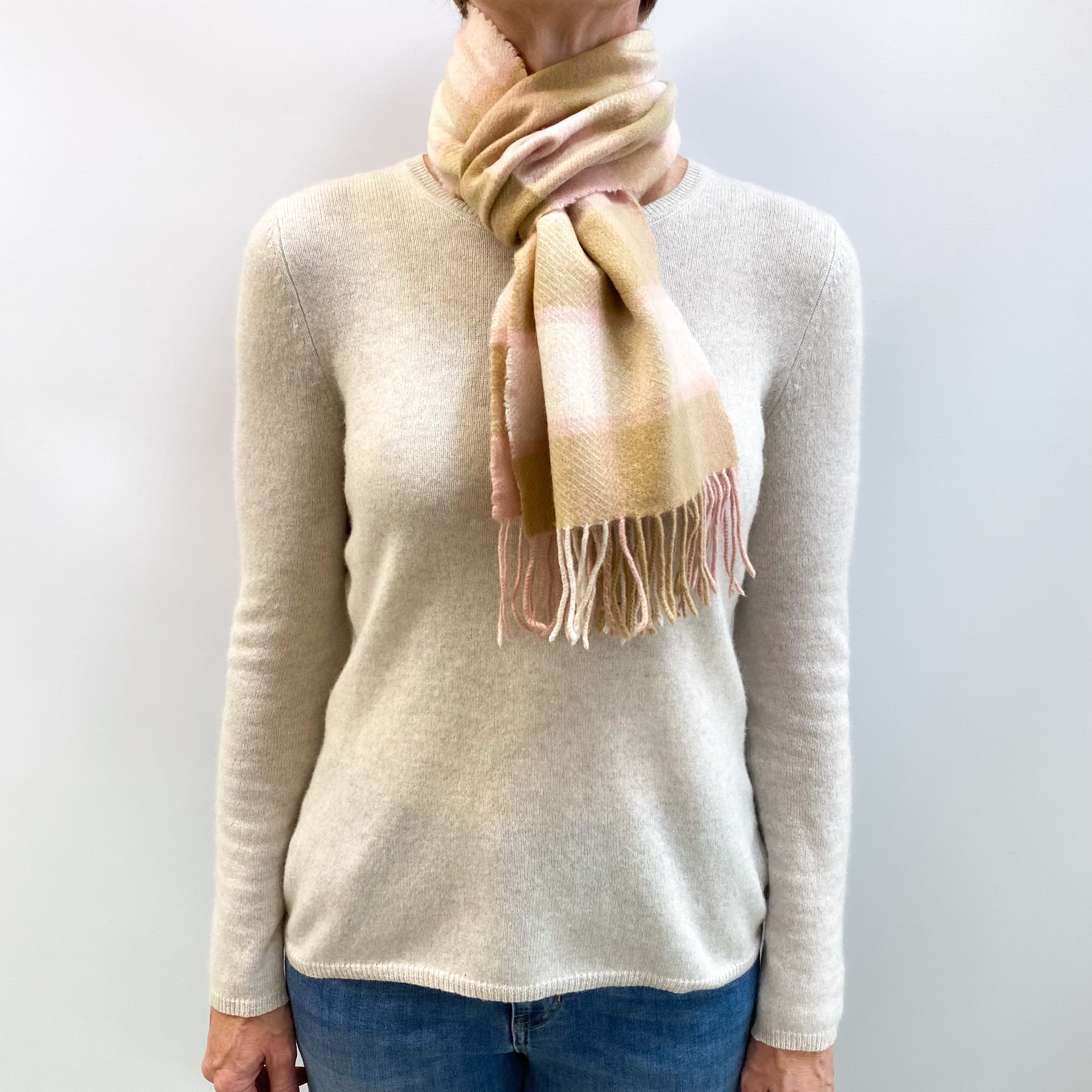Camel and Pink Checked Fringed Cashmere Woven Scarf