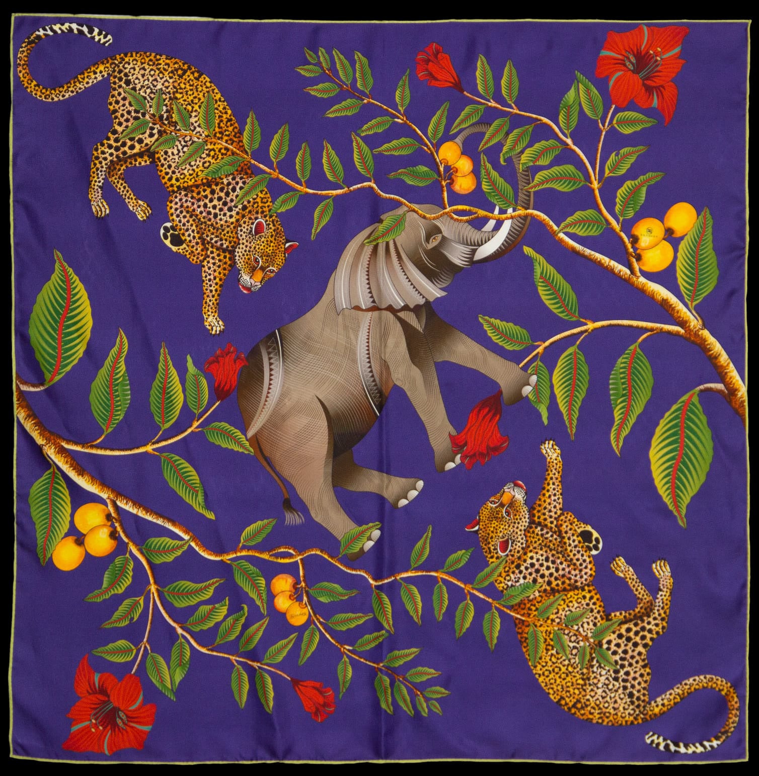 Brand New Bellezza Blue & Black Elephant Safari Double Faced Silk Scarf Extra Large