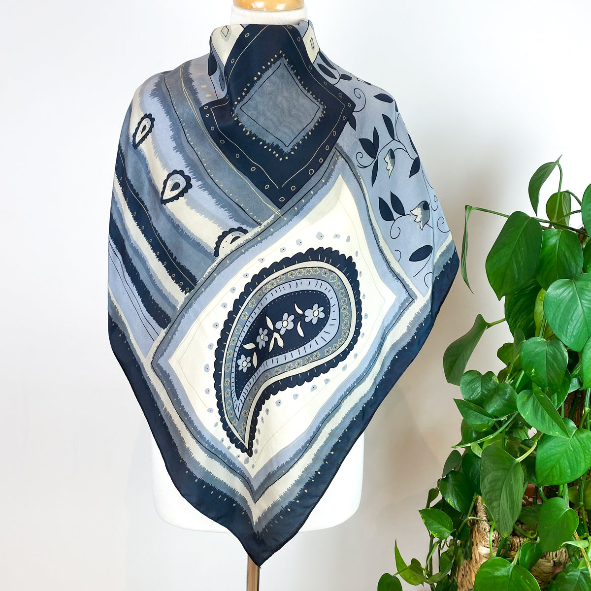 Geometric Paisley Blue Silk Scarf