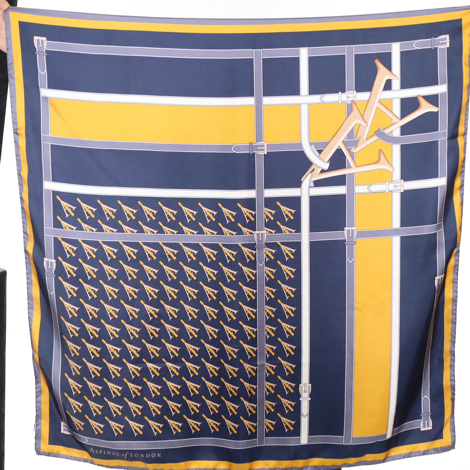 Brand New Boxed Aspinal Blue and Yellow Patterned Silk Scarf